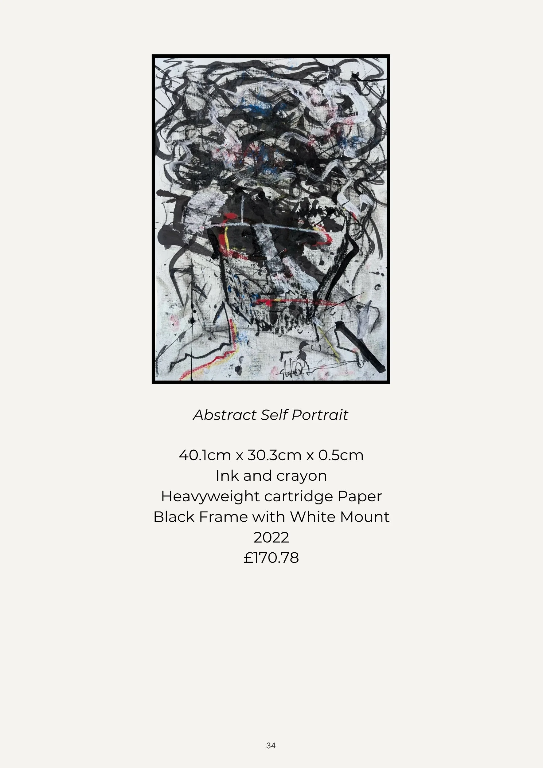Abstract self portrait artwork composed of black ink and crayon splatters and lines, with hints of red, yellow, and blue. The piece is signed at the bottom and displayed in a black frame with a white mount.