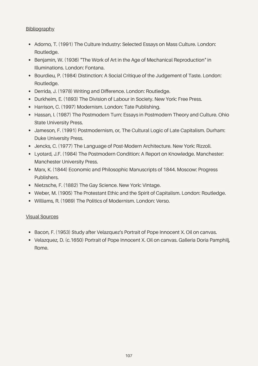 A page from a bibliography section listing various books and sources related to cultural studies, art, social critique, modernism, postmodernism, and visual art, with specific references and publication details.