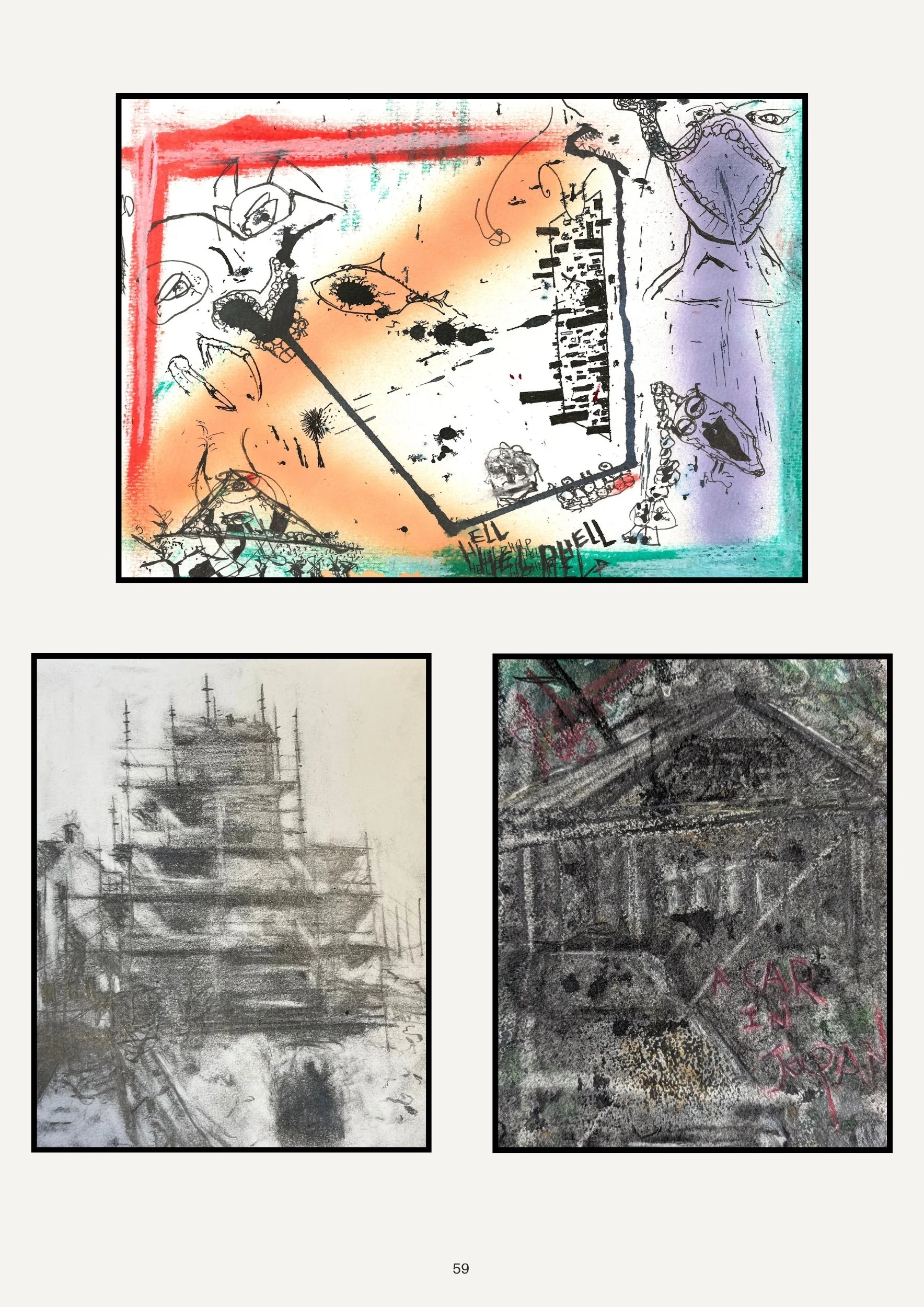 A collage of four artistic drawings and paintings. The top image features a colorful sketch with surreal, abstract elements including eyes, mouths, and a cityscape, with words like 'HELL' and ambiguous text. The bottom left image is a realistic graph