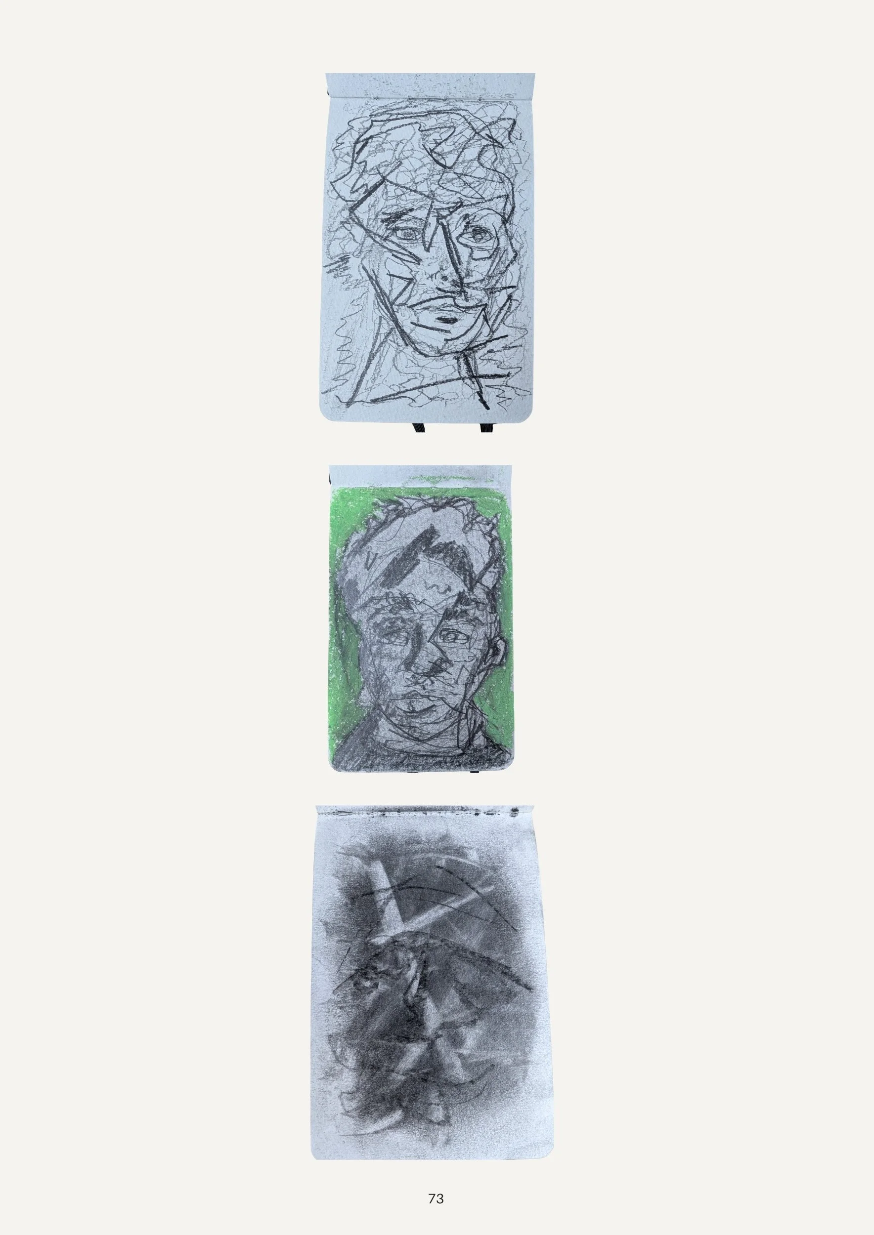 Series of abstract portrait sketches on paper, varying in style and color, including pencil, charcoal, and colored backgrounds.