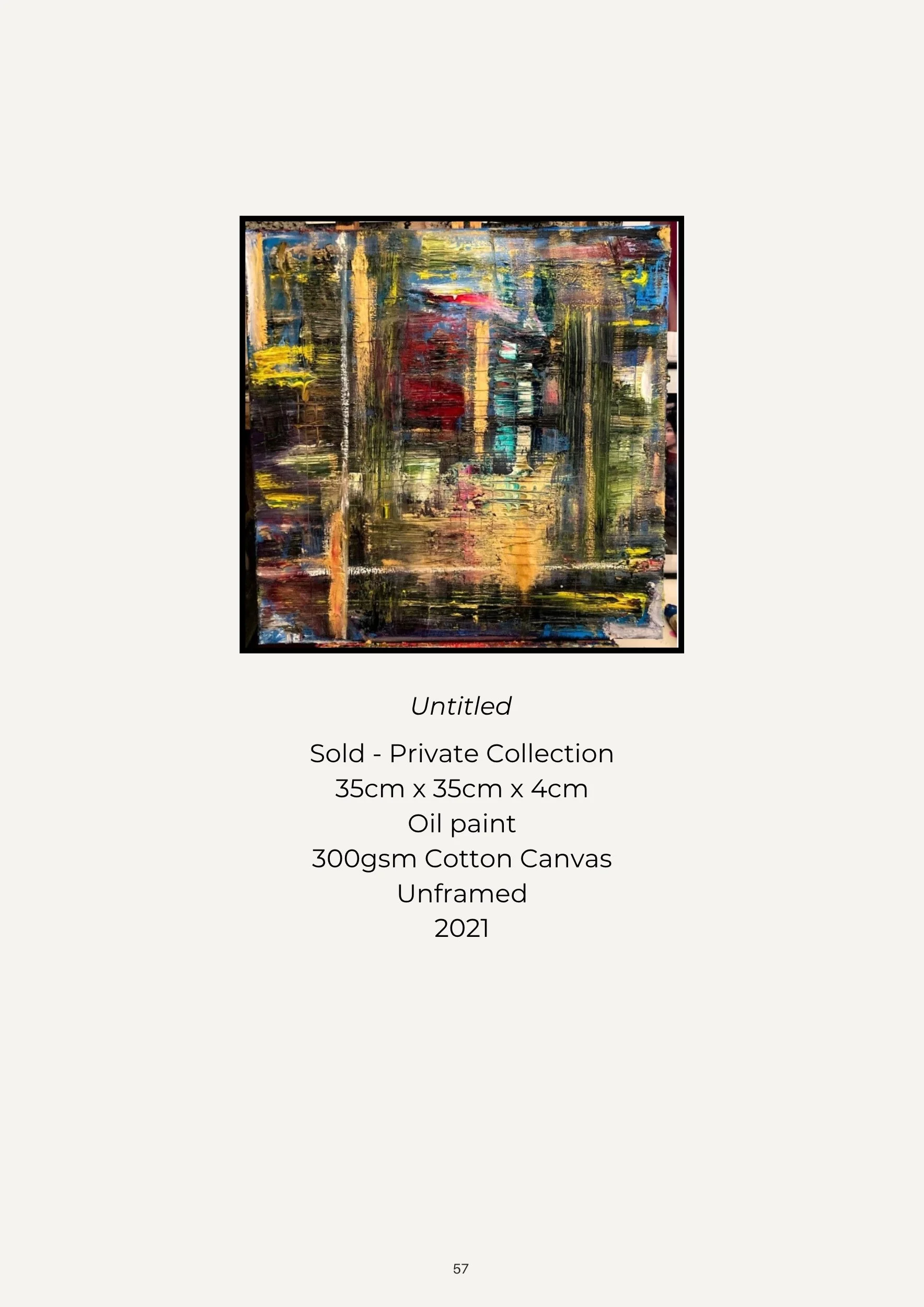 Photograph of an abstract oil painting with vibrant colors, framed and displayed on a plain background. The painting includes streaks of yellow, blue, red, green, and black, created with thick brushstrokes.