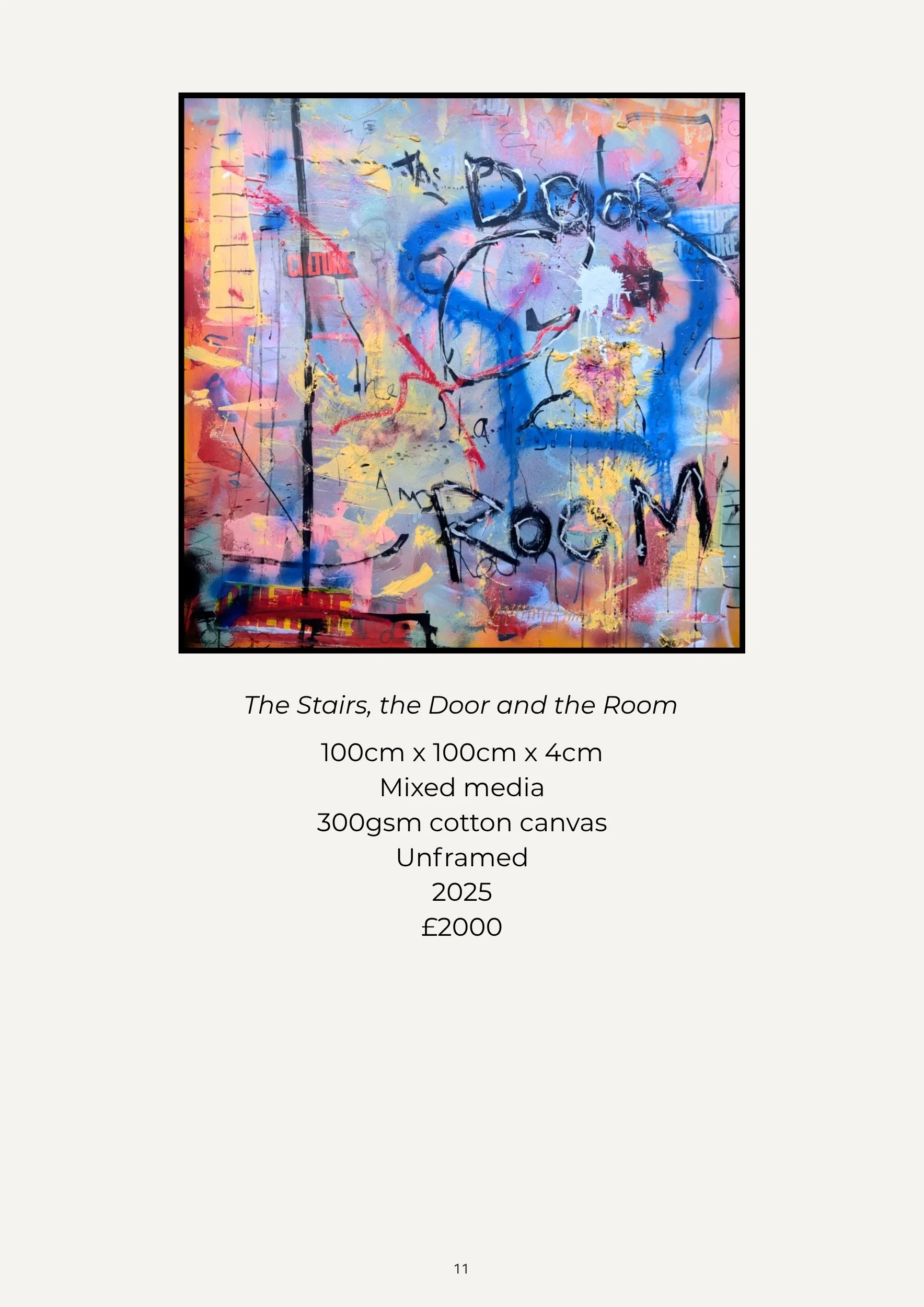 Abstract mixed media artwork with vibrant colors, black outlining, and graffiti-style text that reads "The Door" and "The Room".