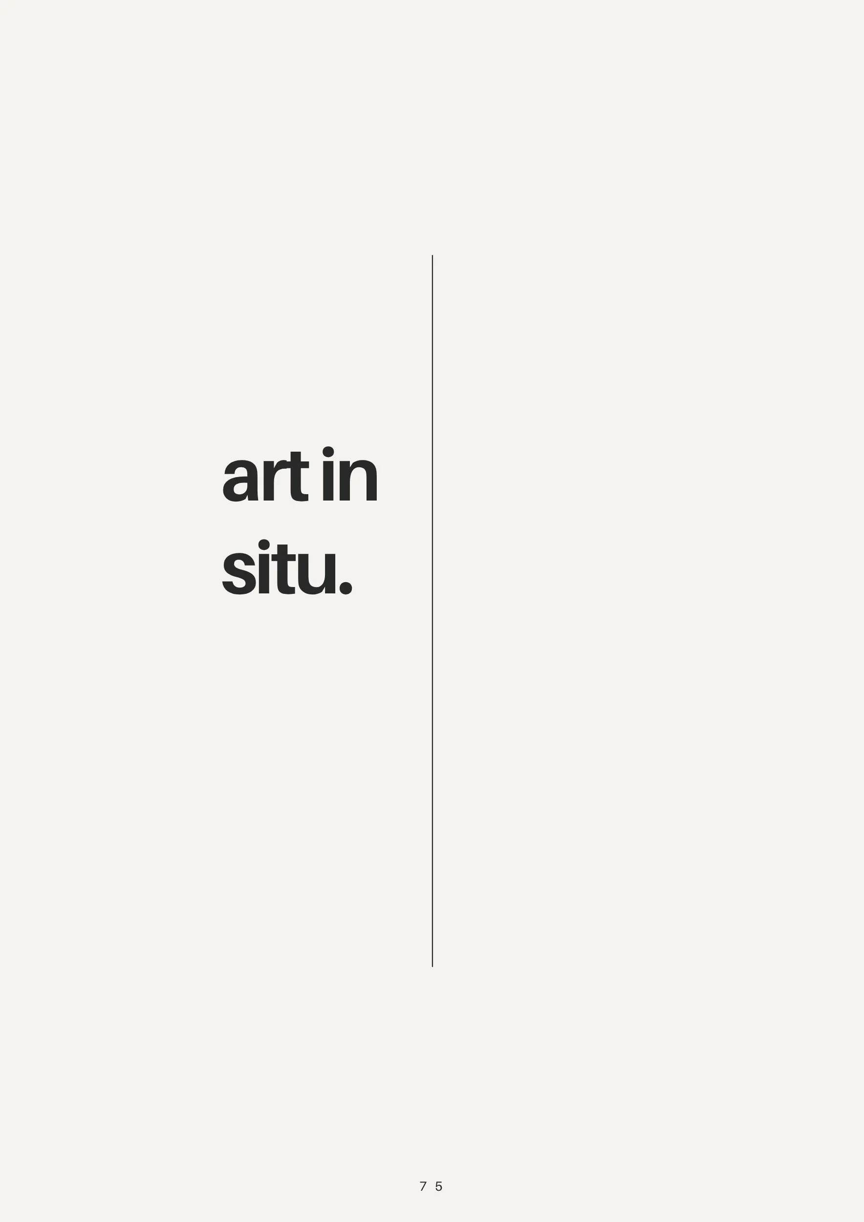 Minimalist book cover with the title 'art in sity.' in black text on a light background, divided by a thin vertical line, with page number 75 at the bottom.
