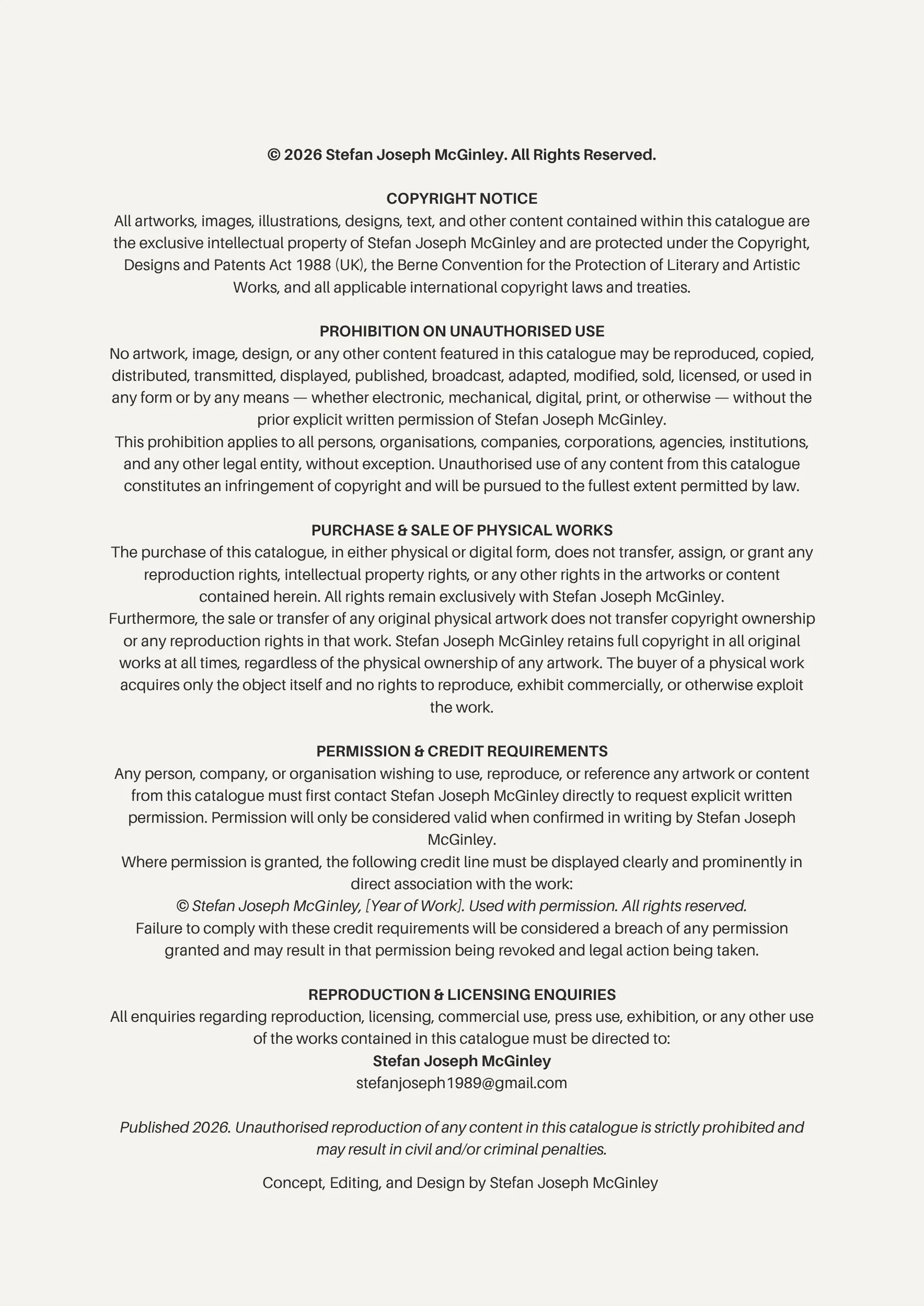A copyright notice page from a catalog or publication detailing copyright, prohibited use, and licensing information. The page includes a copyright statement, licensing terms, and contact information for Stefan Joseph McGinley.