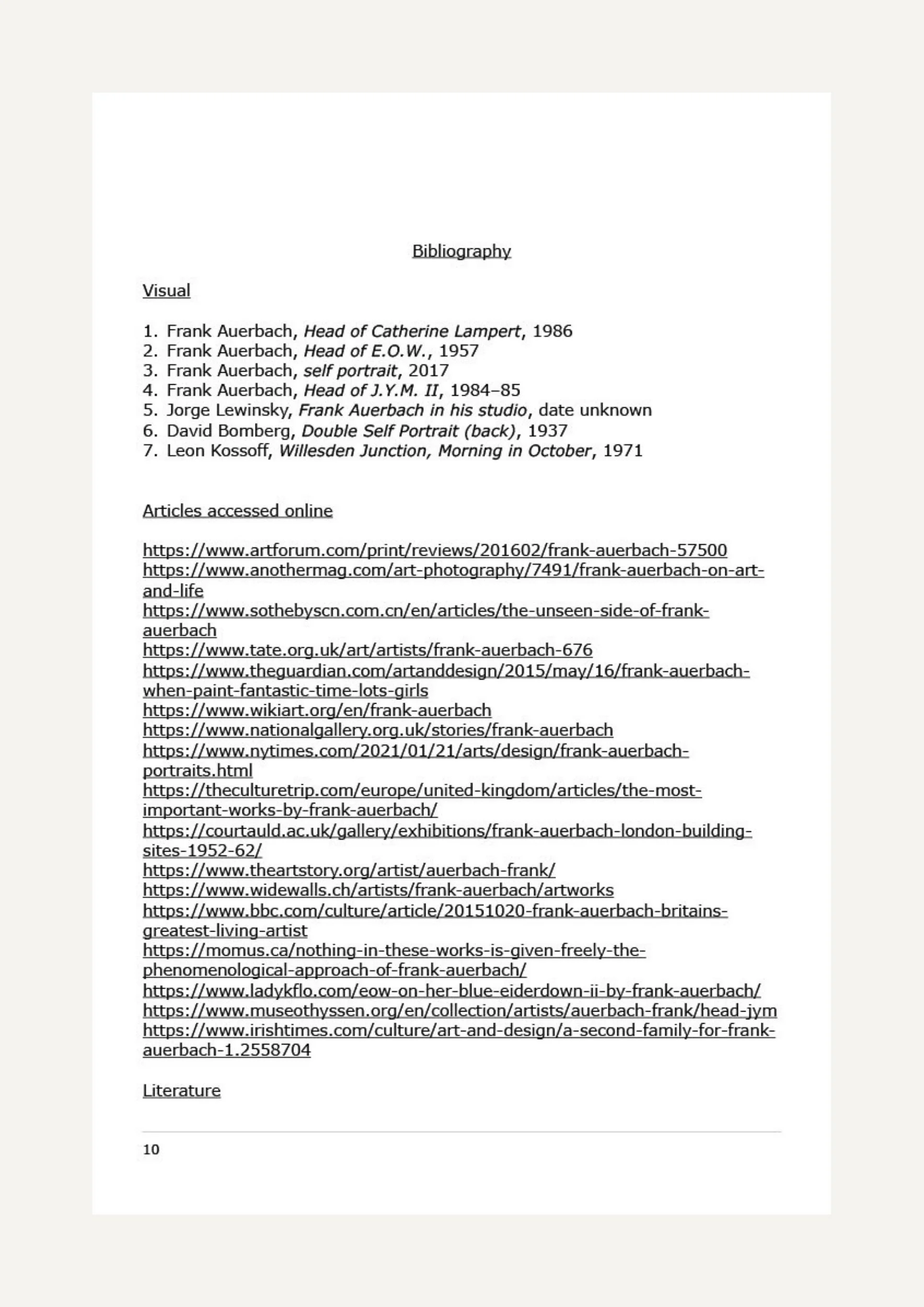 A page from a book or document showing a references or bibliography section with URLs for articles, websites, and discussions related to Frank Auerbach, including his artwork and exhibitions. The page is numbered 10 at the bottom.