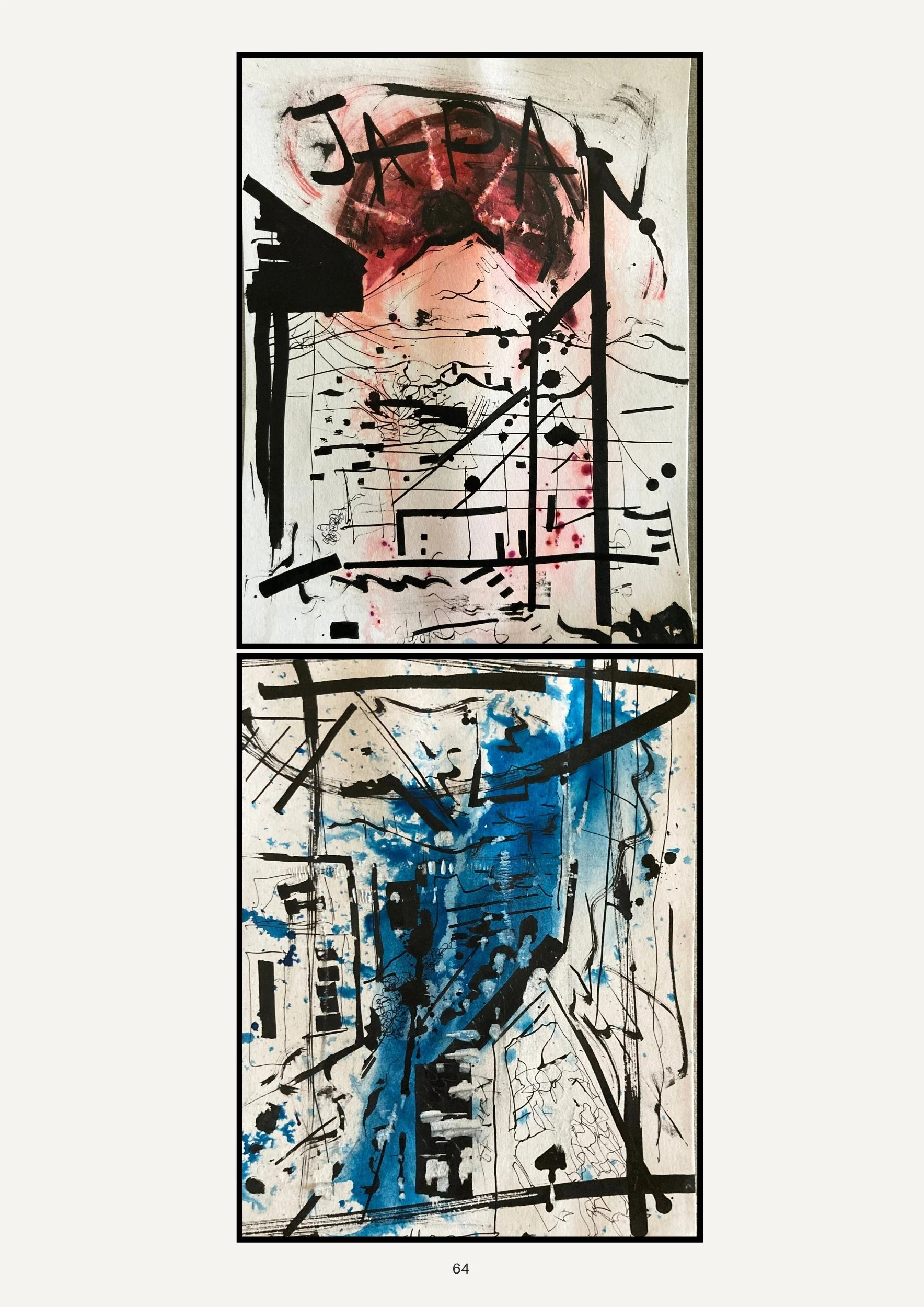 Abstract artwork with black lines, red and blue splashes, and words "JAPAN" and "STELLA" in a graffiti style.