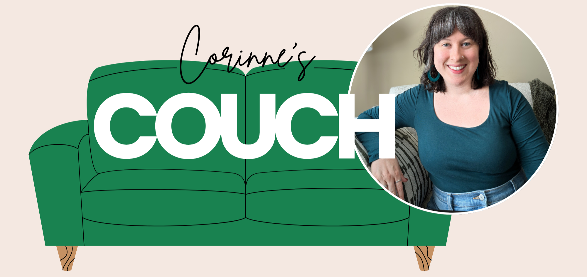 image of couch side by side with image of female therapist, with the words "Corinne's Couch" displayed over it