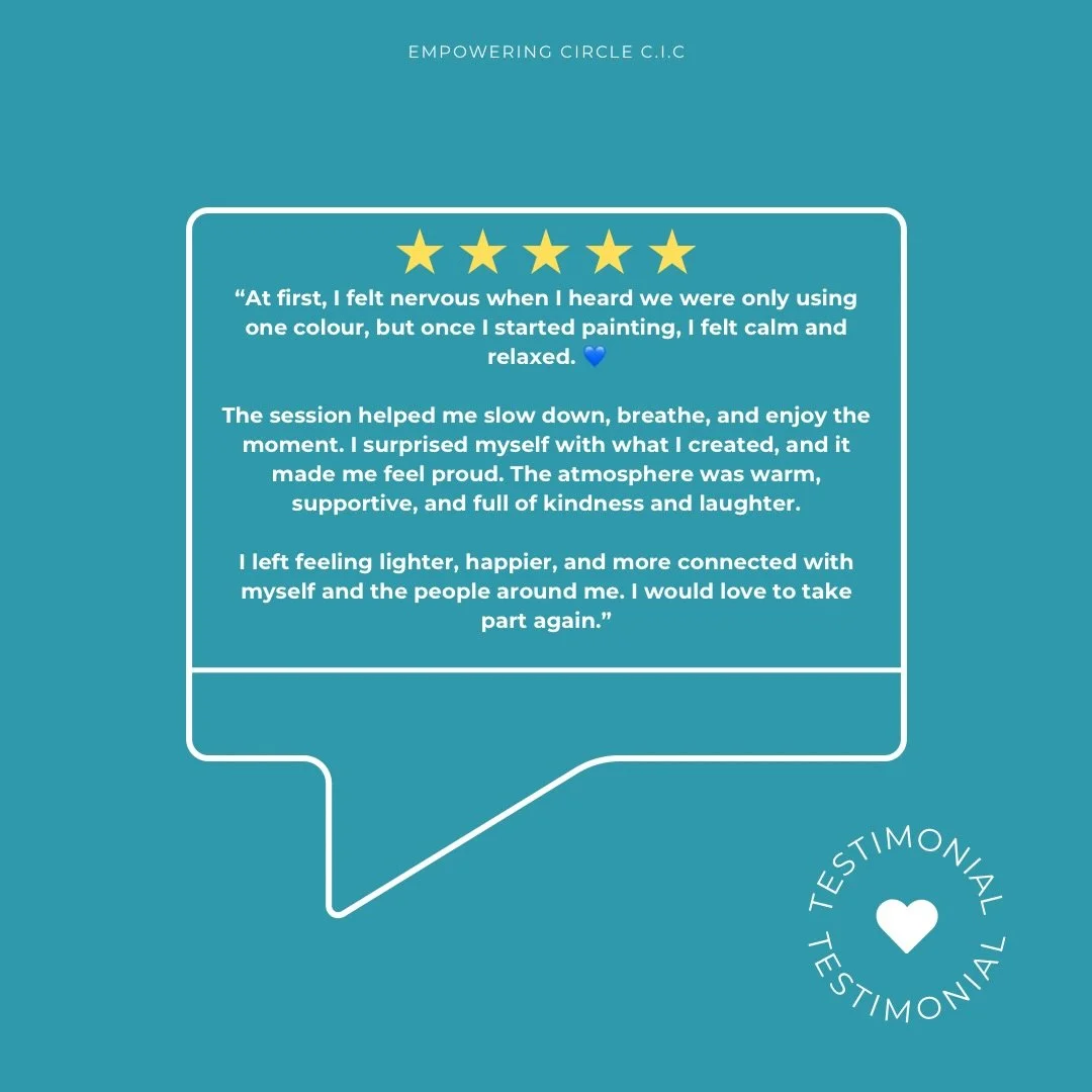 Sometimes all you need is one colour, one moment, and one safe space to express yourself. 💙

Hearing feedback like this reminds us why creative wellbeing sessions matter so much. Thank you to everyone who took part, shared their energy, and trusted 