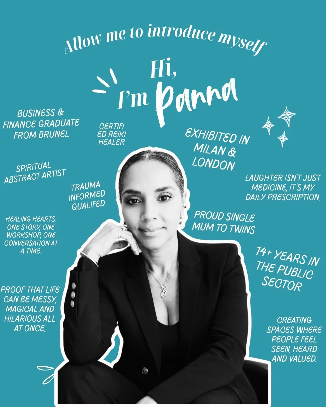 Hi, I&rsquo;m Panna 👋

Founder of Empowering Circle. Business &amp; Finance graduate. Reiki Healer. Spiritual Abstract Artist. Qualified in Trauma Informed. Proud single mum to twins.

14+ years in the public sector taught me something I couldn&rsqu