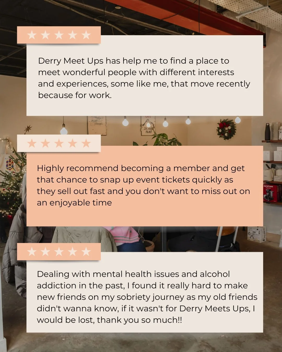 A few kind words from our latest Membership Survey... first thing I notice? People are coming to us for soooo many different reasons. 

Whether you've moved here with a partner, for a job, have come home after a while or you're just in a different li