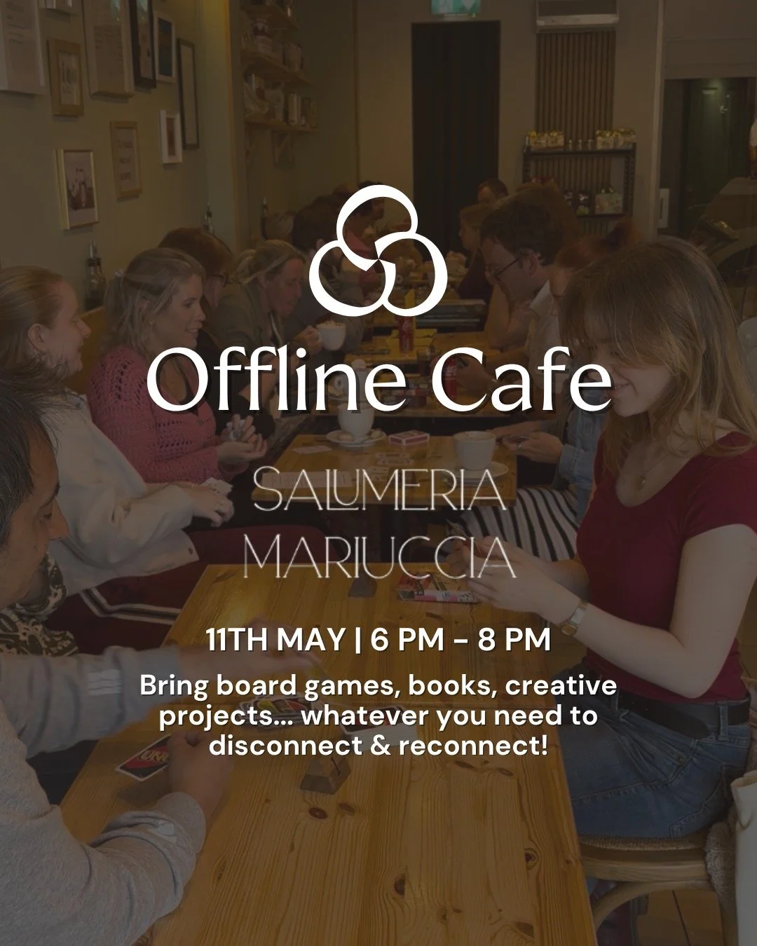 Join us for a screen-free social at the beautiful @salumeriamariuccia on Monday 11th May, where the focus is simple: good vibes, cosy corners, and connecting offline.

Whether you're into knitting, sketching, journaling, or diving into a good book, t
