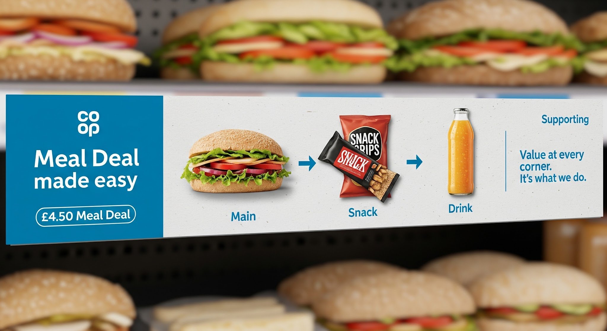 Sign displaying the 'Meal Deal' for £4.50, including a sandwich with lettuce, tomato, and meat, a snack of snack bars, and a drink of bottled orange juice, with the message 'Supporting value at every corner. It’s what we do.'