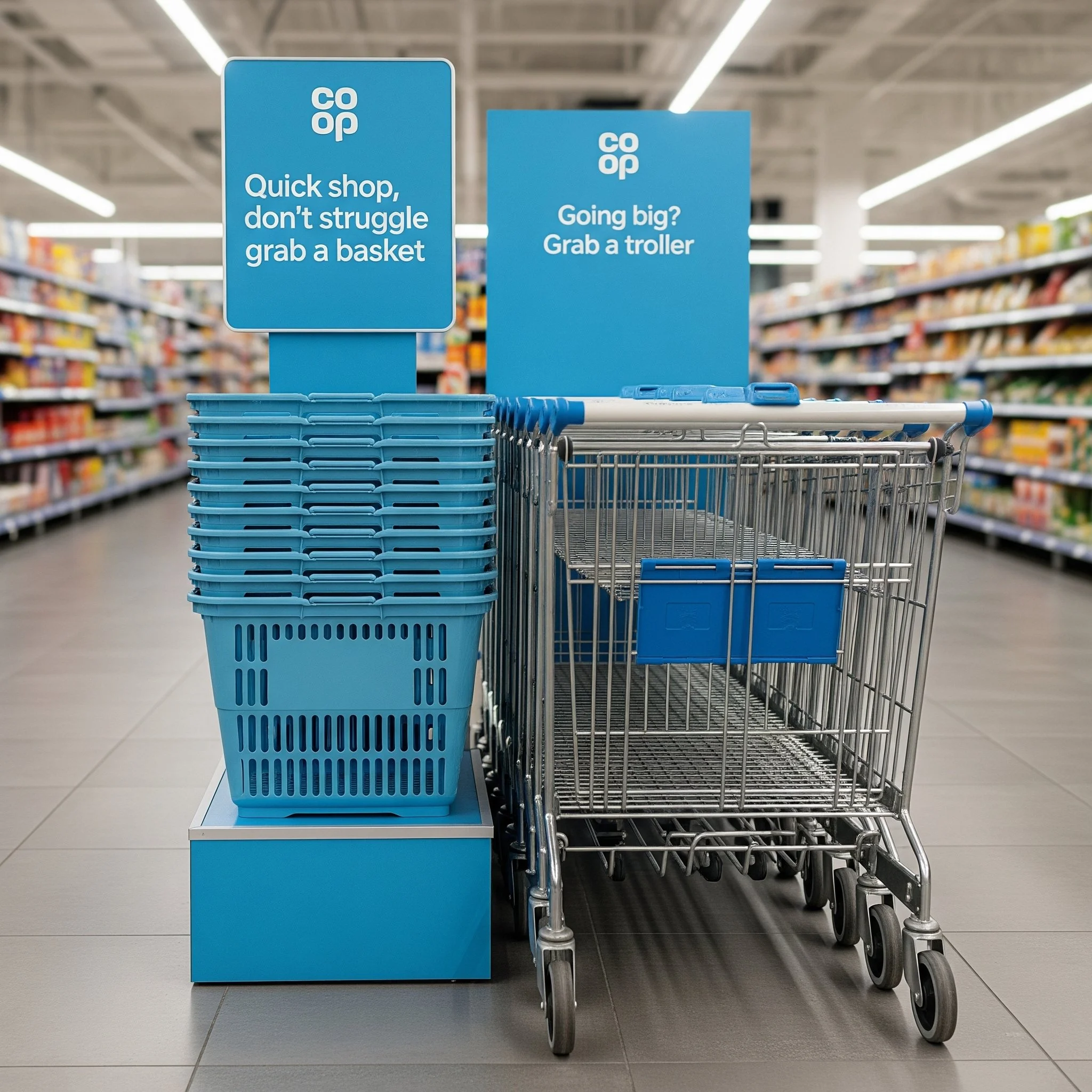 A shopping cart and blue baskets at a Co-op grocery store with signs that say "Quick shop, don't struggle grab a basket" and "Going big? Grab a troller". The store aisle is visible in the background.
