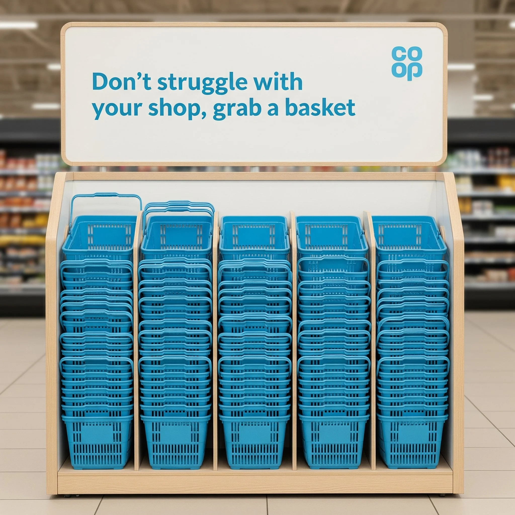 A display of empty blue shopping baskets in a grocery store with a sign that reads, 'Don't struggle with your shop, grab a basket'.