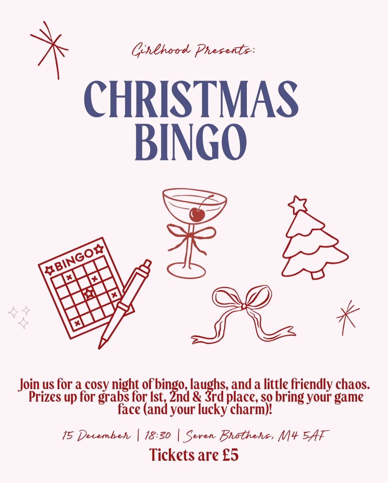 the annual Christmas bingo is back!! get into the festive spirit with us for a cosy evening filled with fun, prizes and the most gorgeous, wholesome, festive atmosphere 🎄🌟💫

come celebrate the festivities with us and be in with a chance of winning
