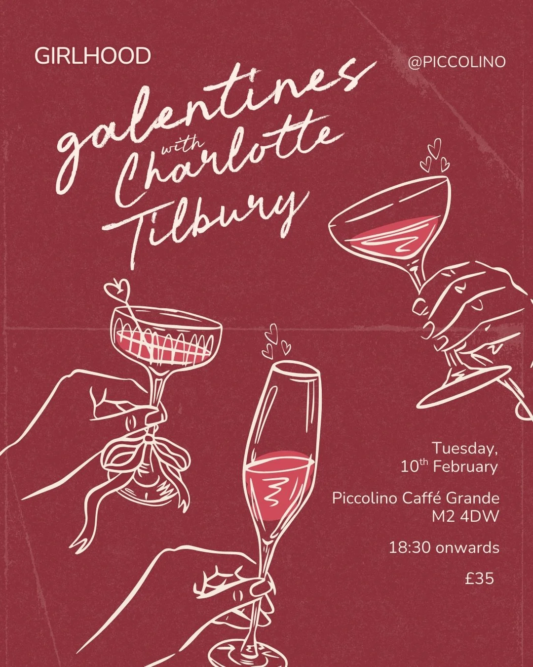 🌹celebrate galentines with us and @charlottetilbury !!🌹

grab your gals or come solo for our makeup masterclass and dinner party! ❤️

what to expect: 
🥂prosecco welcome drink
🍝delish 2-course meal @piccolinomanchester 
💄 @charlottetilbury makeup
