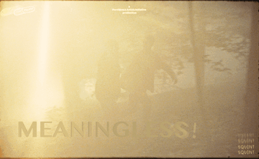 A metallic gold-colored poster with the words 'MEANING! ESS!' and some smaller text in the lower right corner.