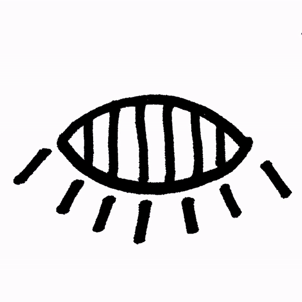 Simple black and white drawing of an eye with vertical lines inside and dashed lines around it.