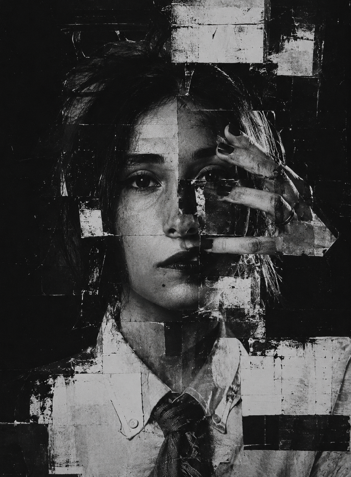 Ritratto in bianco e nero di Mare, che si copre parzialmente il volto con le dita dipinte di nero, vestita con una camicia bianca e una cravatta. La foto ha un effetto collage frammentato.