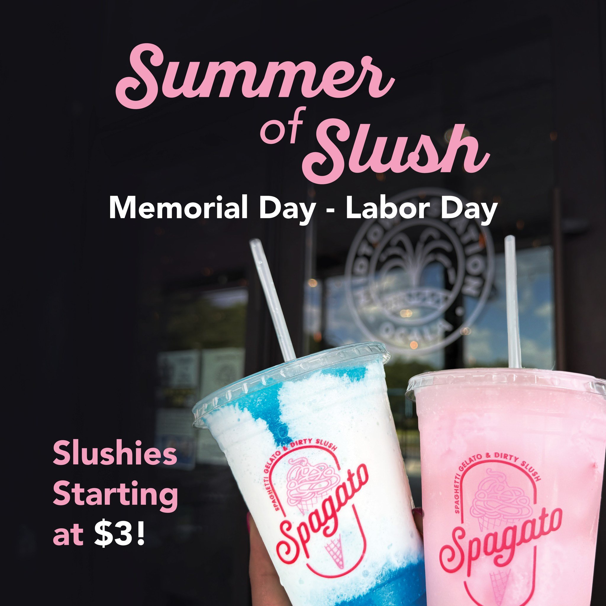 The Summer of Slush starts now! ☀️🥤 Head over to Spagato to cool down with a frozen treat, starting at only $3! 
.
Details:
🥤Regular Slushy
16 oz - $3.00
24 oz - $4.00
🍨🥤Dirty Slush (Slushy &amp; Scooped Gelato)
16 oz - $6.00
24 oz - $7.00
🍝🍨🥤