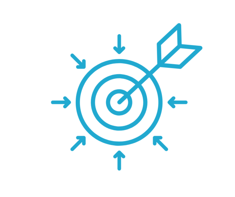 Blue outline of a target with an arrow hitting the bullseye, surrounded by smaller arrows pointing inward.