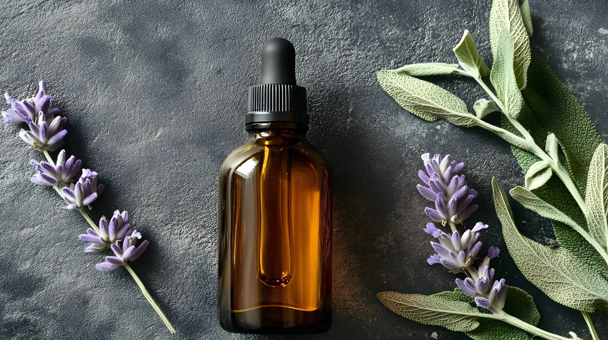A brown glass dropper bottle with a black cap, surrounded by sprigs of lavender and green leaves on a dark textured surface.