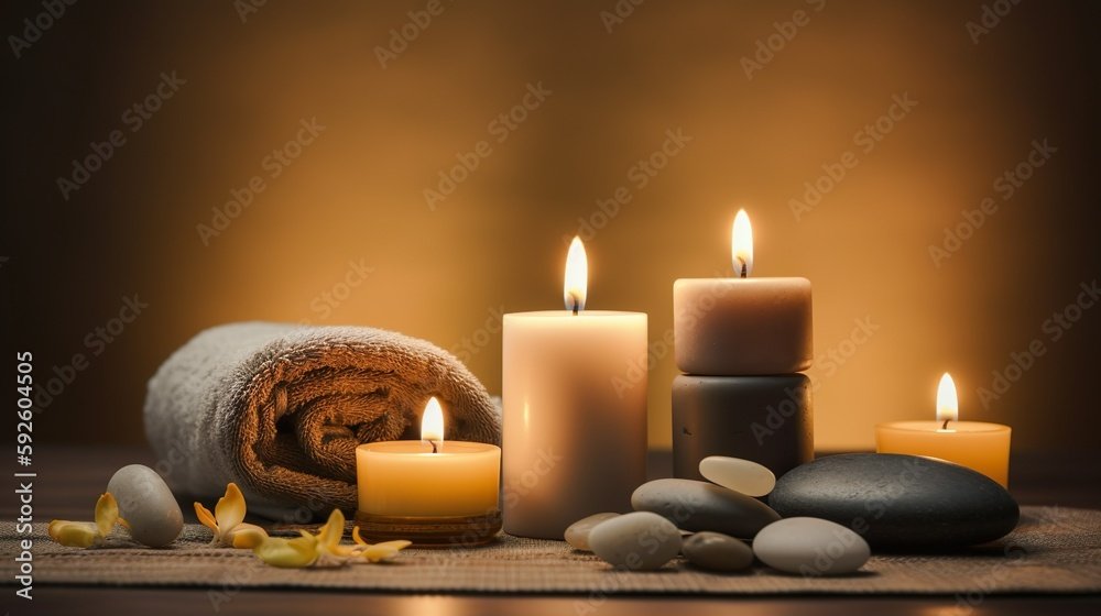 A calming spa scene with three lit candles, a rolled towel, smooth stones, and flower petals on a mat against a warm blurred background.