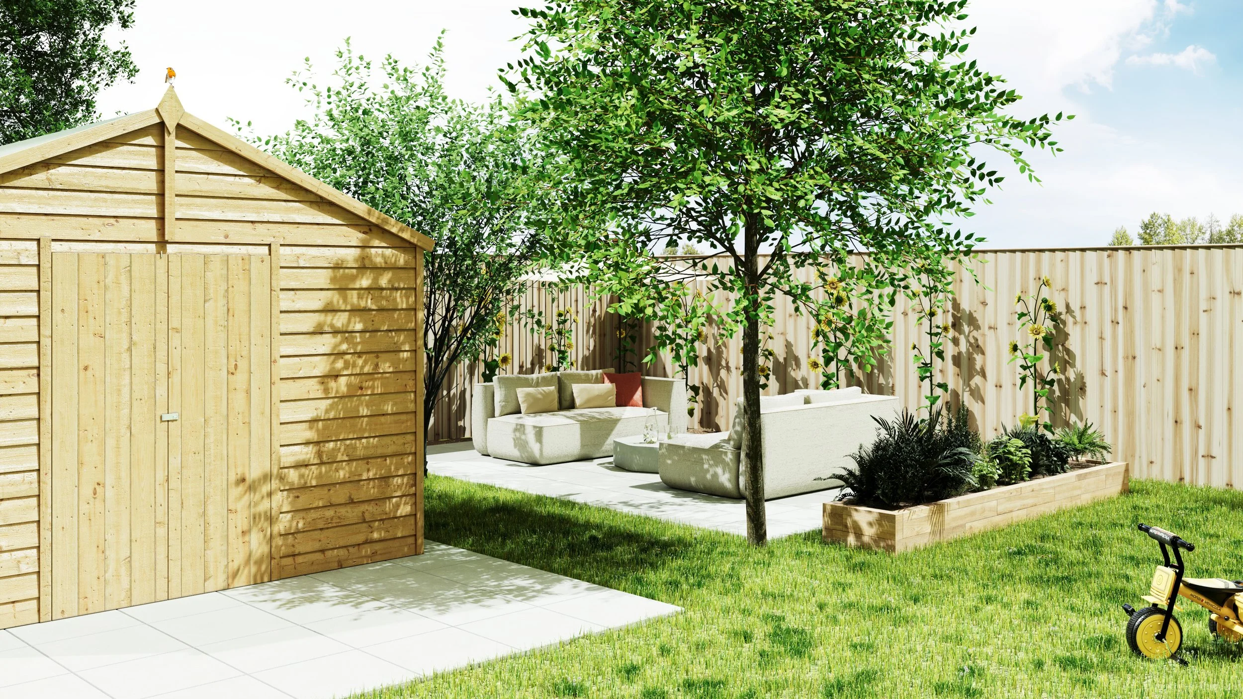 Home garden scene in the summertime consisting of timber shed on newly laid patio slabs, a lounge area with designer furniture and parasol, attractive trees and lush grass.