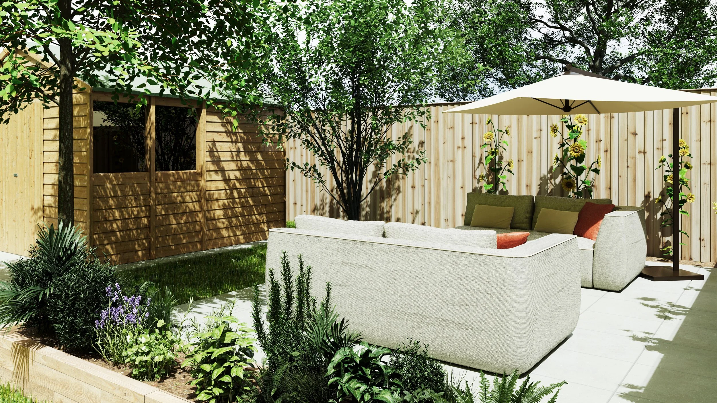 Home garden scene in the summertime consisting of timber shed on newly laid patio slabs, a lounge area with designer furniture and parasol, attractive trees and lush grass.