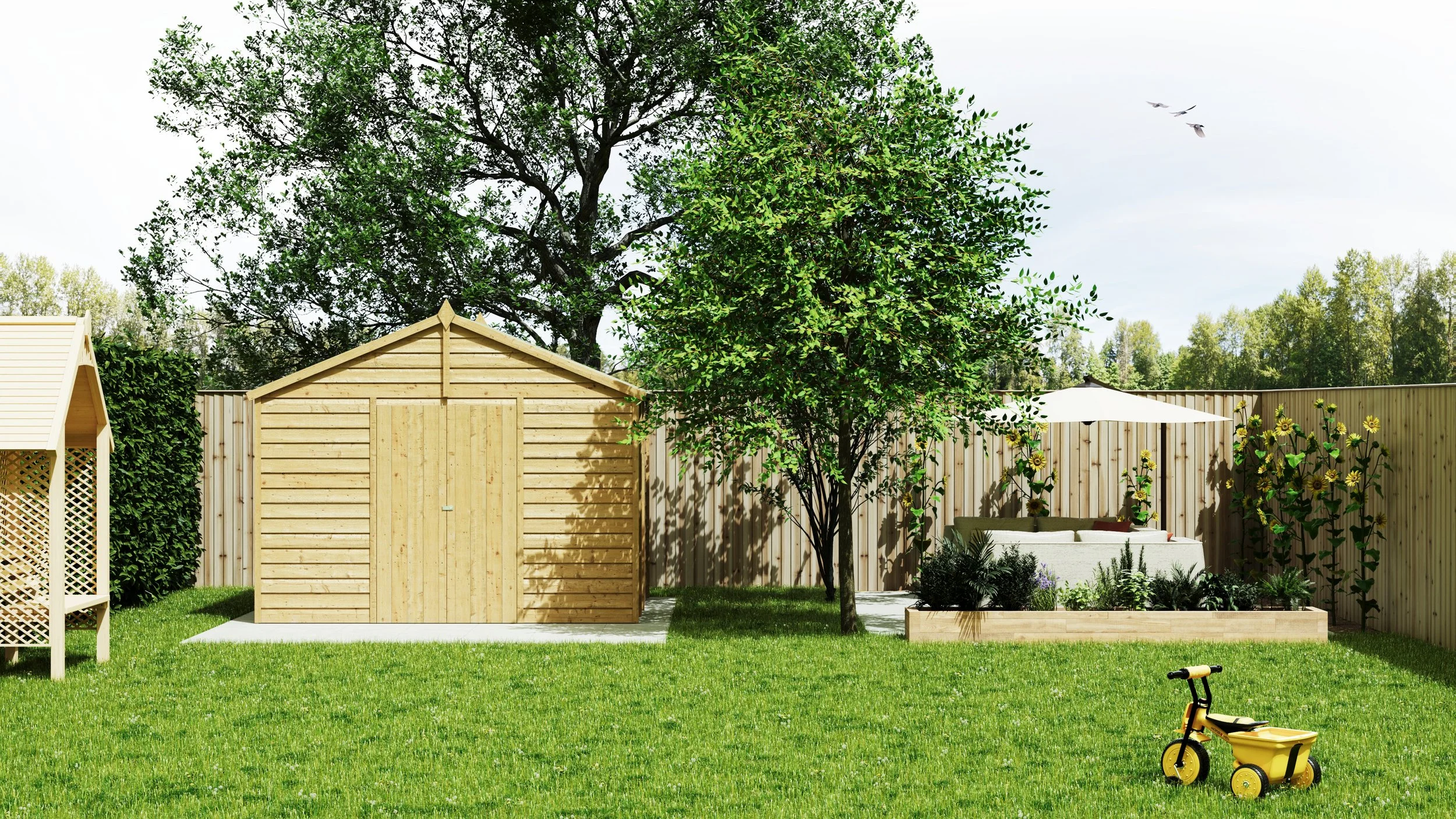 Home garden scene in the summertime consisting of timber shed on newly laid patio slabs, a lounge area with designer furniture and parasol, attractive trees and lush grass.