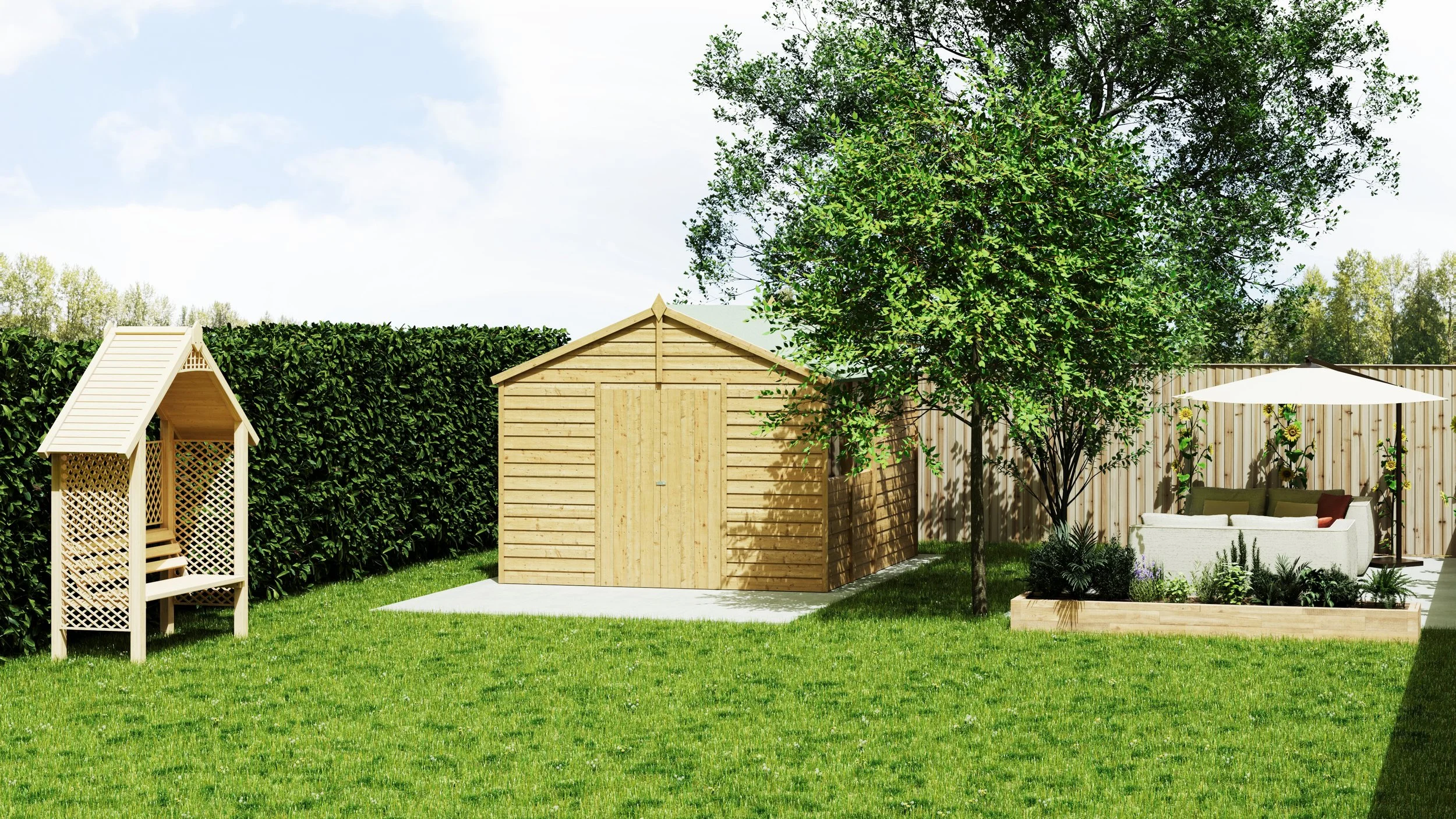 Home garden scene in the summertime consisting of timber shed on newly laid patio slabs, a lounge area with designer furniture and parasol, attractive trees and lush grass.