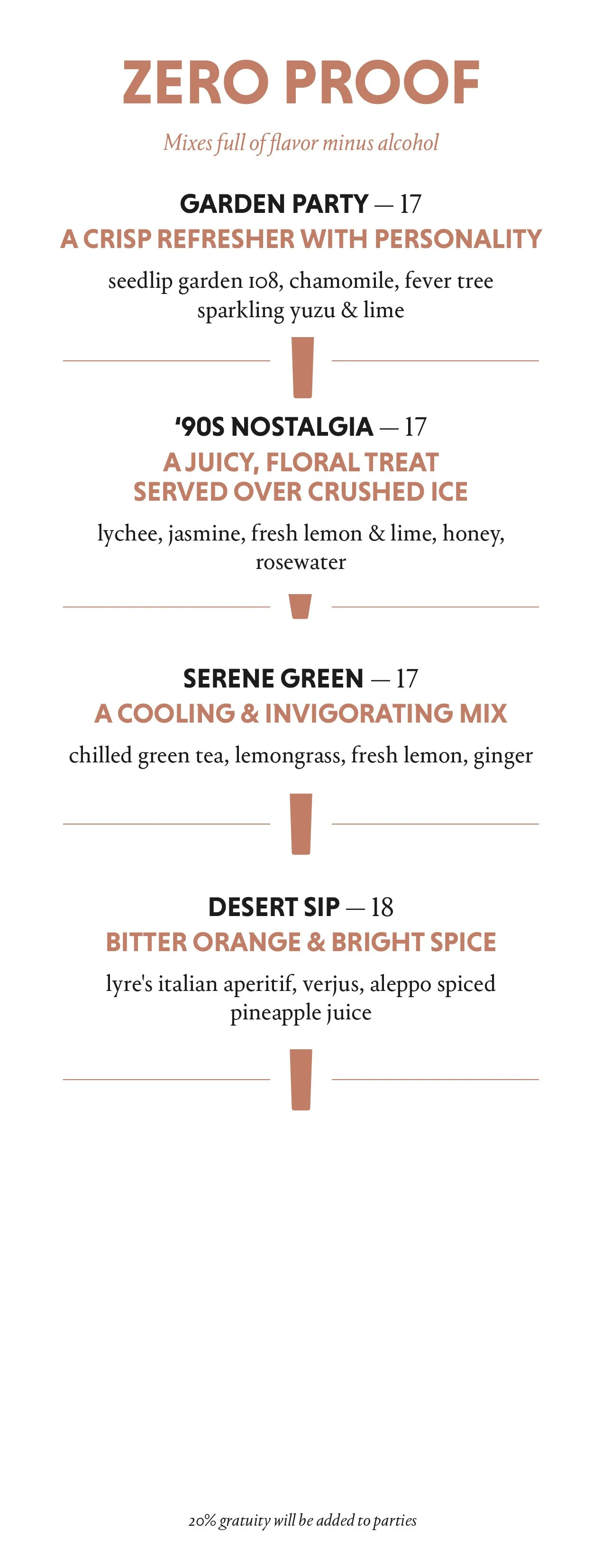 Dear Irving on Hudson Zero Proof cocktail menu