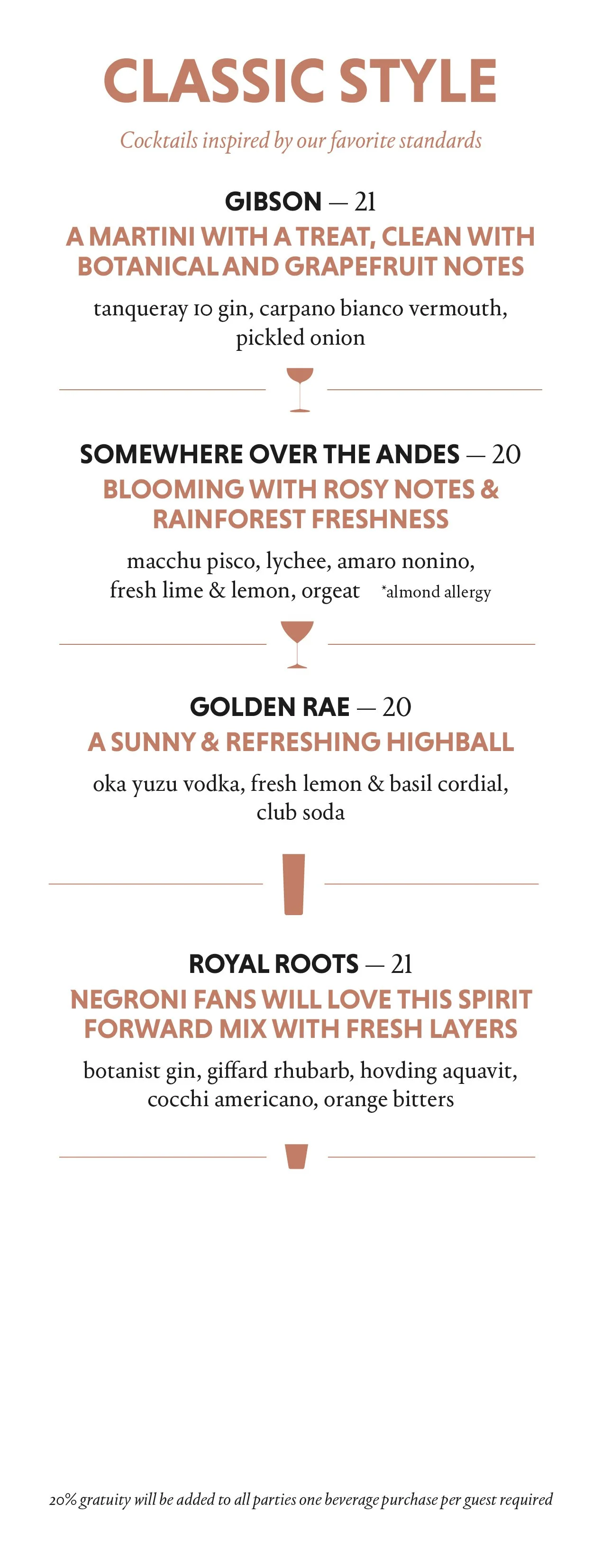 Dear Irving on Hudson Classic Style cocktail menu