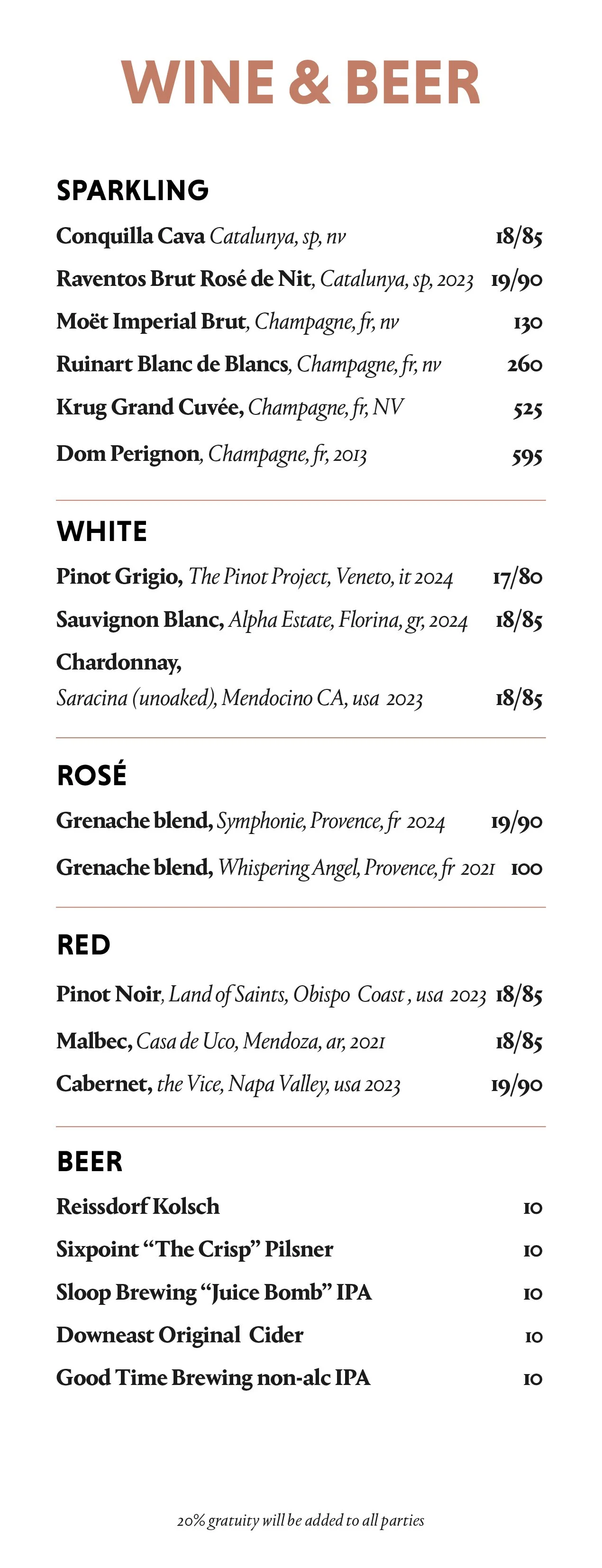 Dear Irving on Hudson wine and beer menu