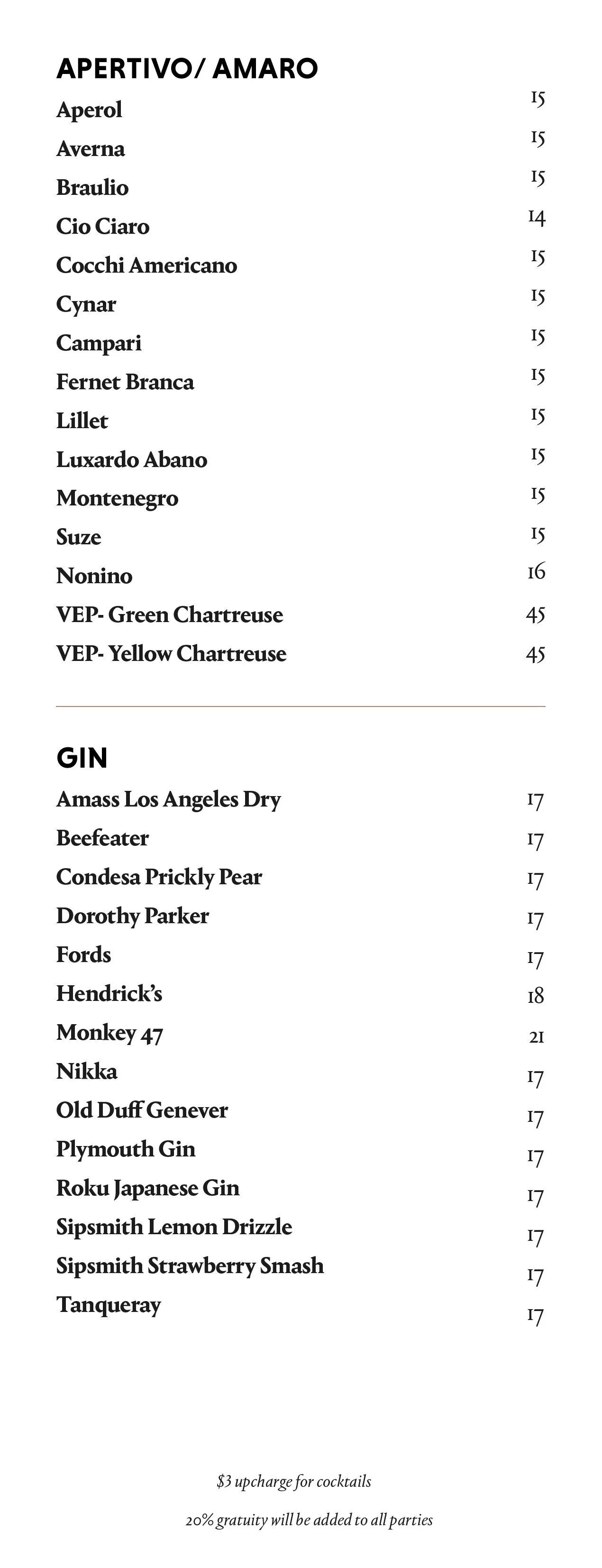 Dear Irving on Hudson Spirits menu