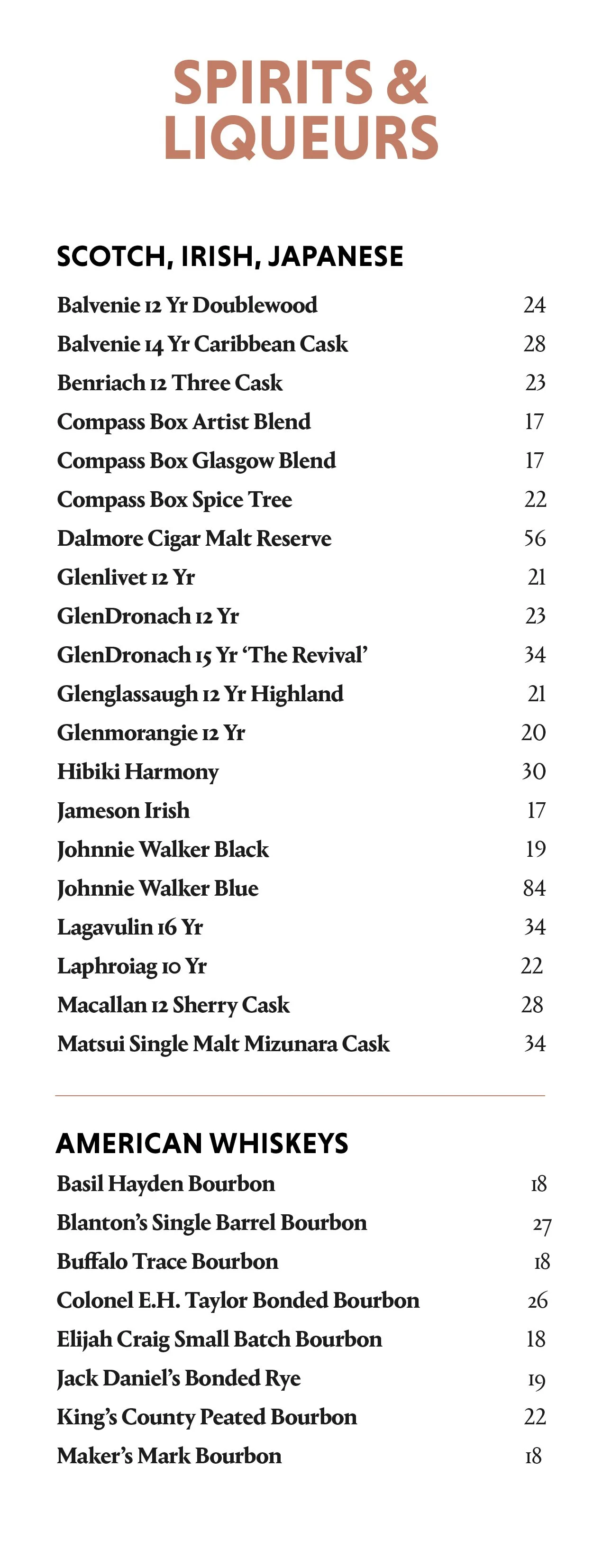 A list of spirits, liqueurs, and American whiskeys with their prices, organized into categories.
