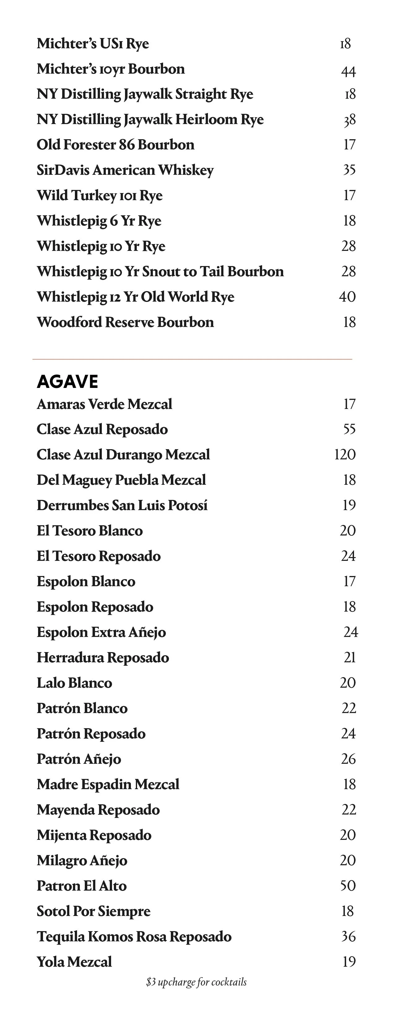 A menu listing various whiskey and tequila options with prices, divided into sections for bourbon, rye, and agave spirits.