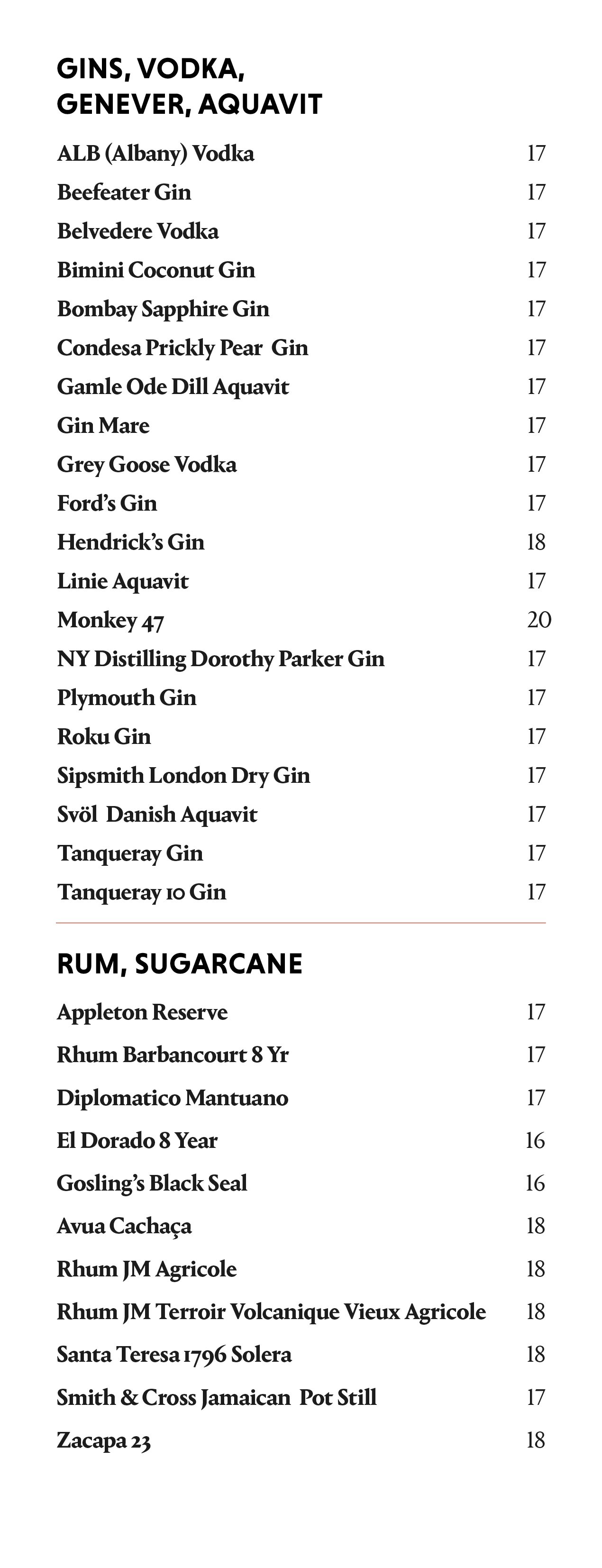 List of alcoholic beverages including gins, vodkas, rums, and sugarcane spirits, with their respective prices.