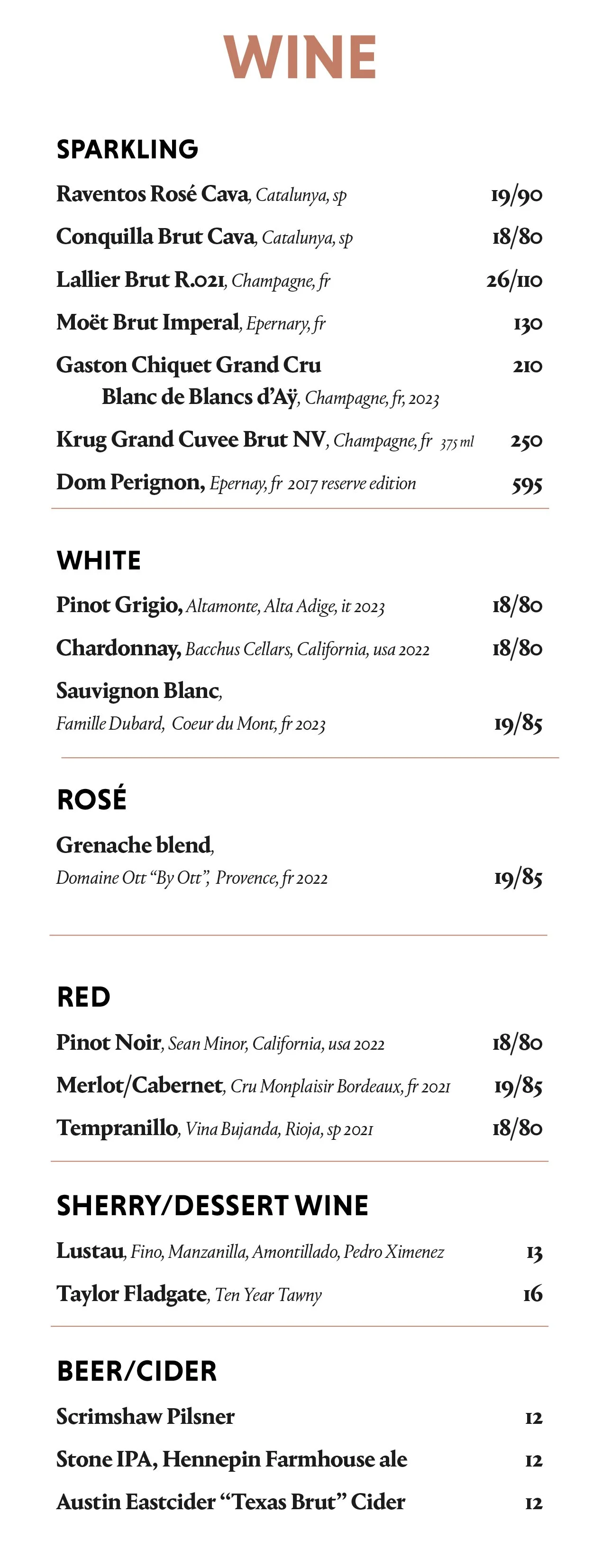 Wine and Beer list