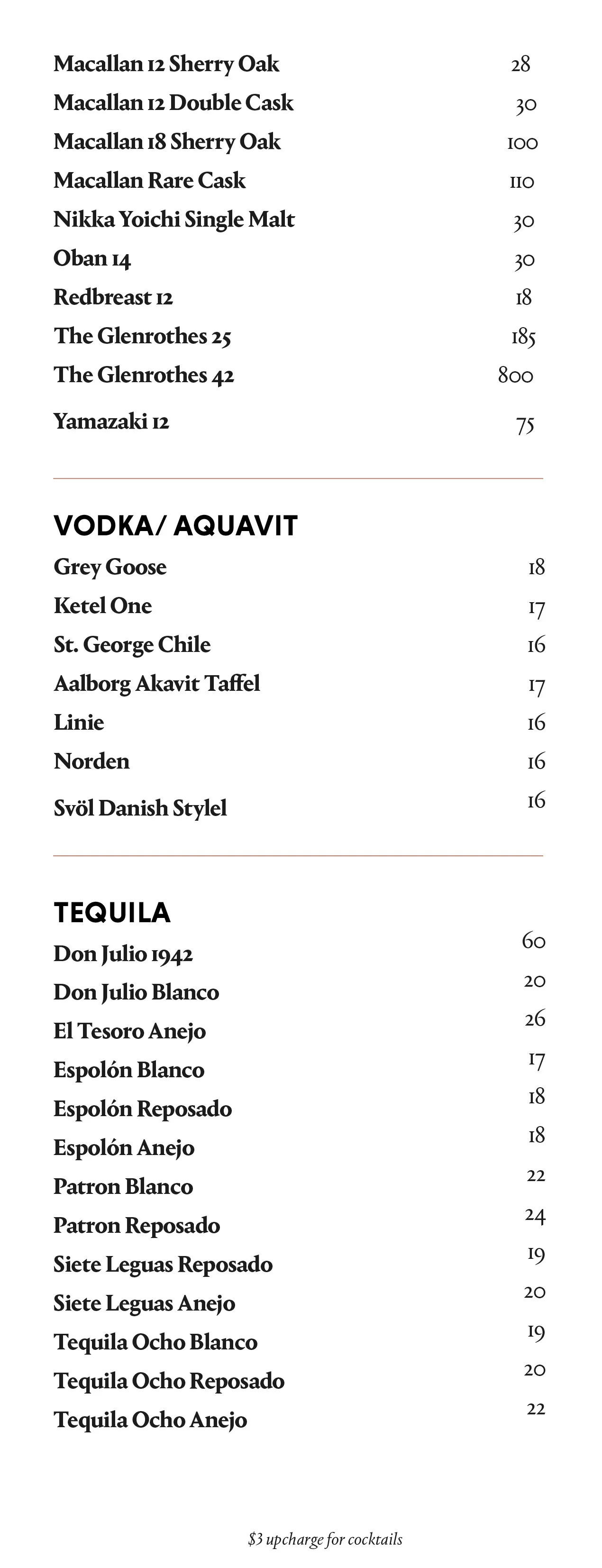 Dear Irving on Hudson spirits menu