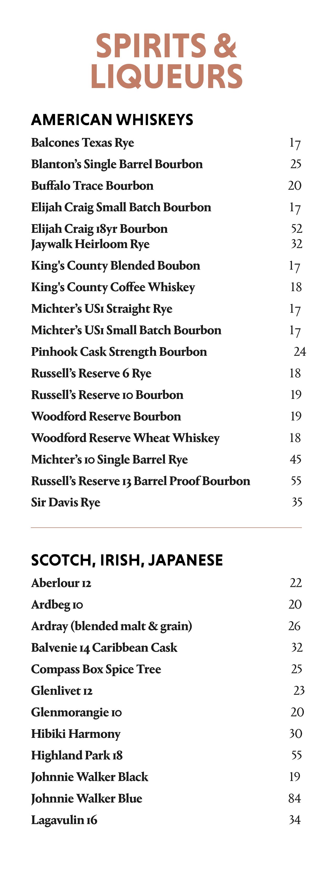 Dear Irving on Hudson spirits menu