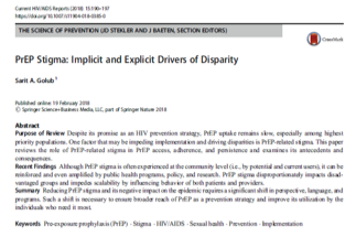 Screenshot of a research article titled 'PrEP Stigma: Implicit and Explicit Drivers of Disparity' by Sarit A. Golub, published on February 19, 2018. The document includes abstract, publication info, and author details.