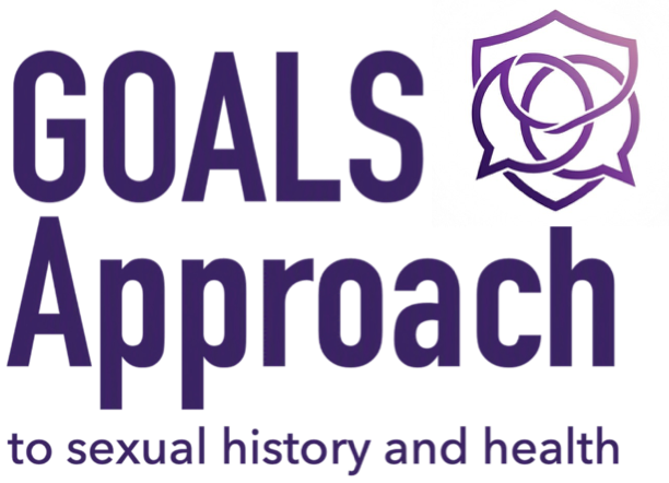 Text logo with the words 'GOALS Approach' and a purple shield icon with a speech bubble and ribbon design.