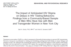 The title page of a research report titled 'The Impact of Anticipated HIV Stigma on Delays in HIV Testing Behaviors' by Sart A. Goulb, PhD, MPHI, and Kristi E. Gamera, EdM, published in 2022.