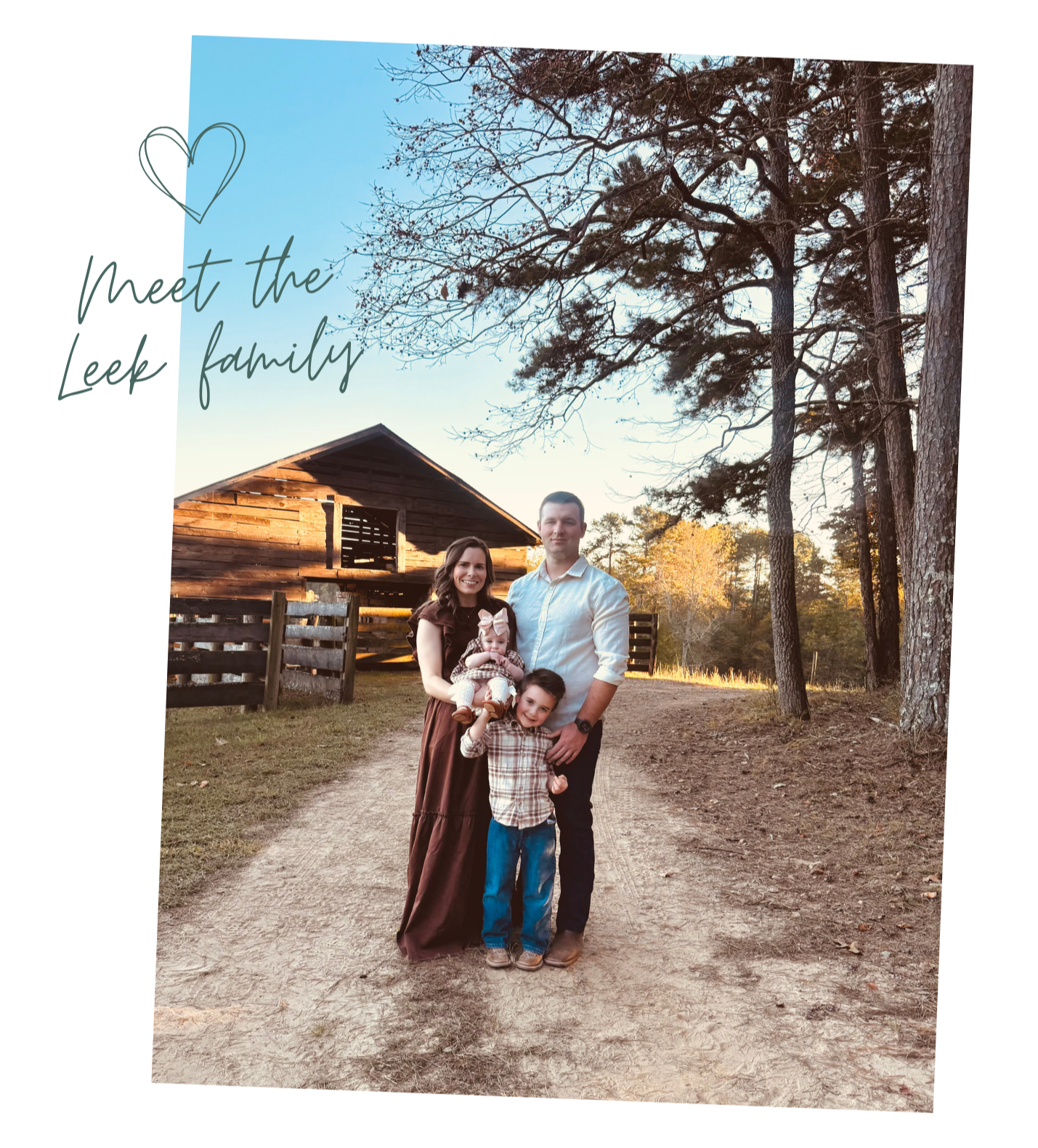Family of four posing outdoors beside a rustic cabin and pine trees, with “Let the family” text overlay.