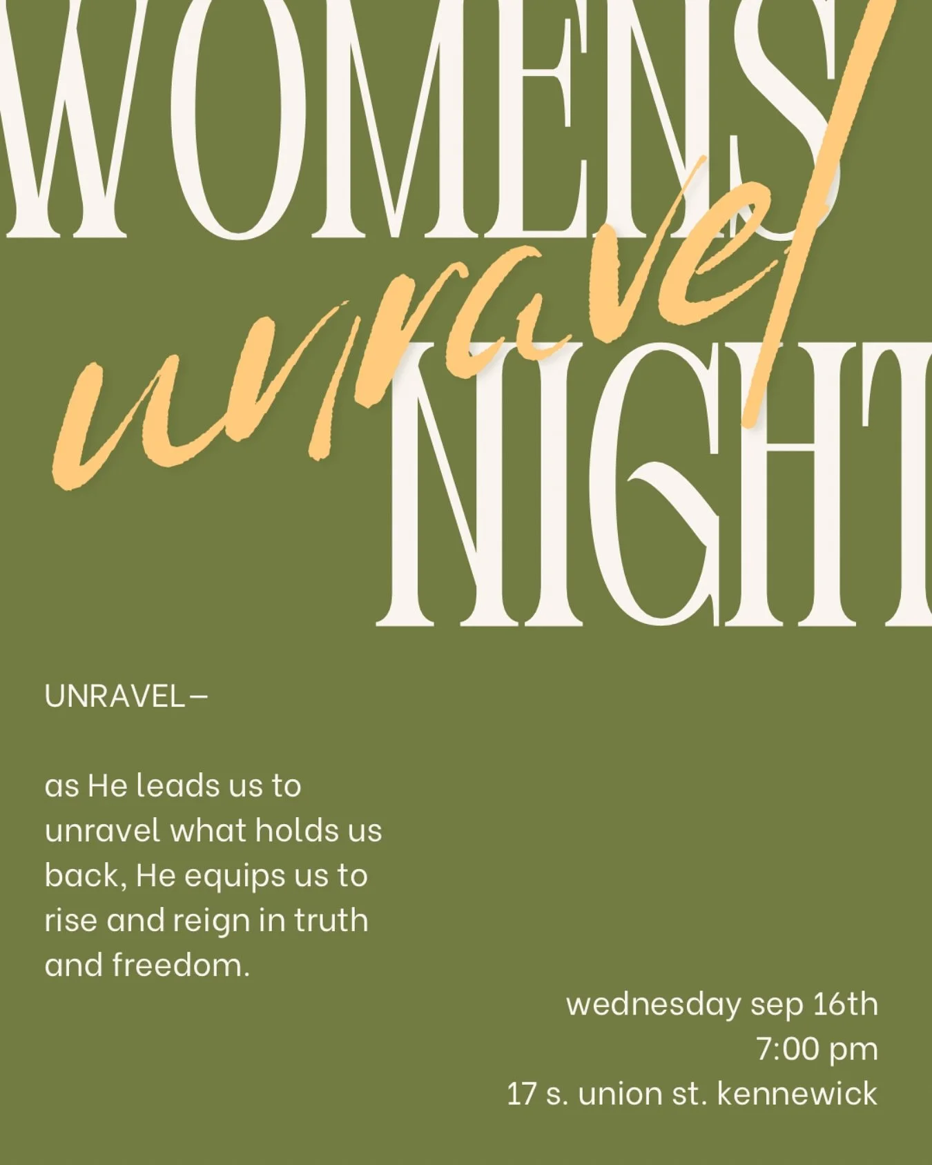 LADIES! 📣

Tomorrow night, join us for our FIRST monthly Unravel night! Lay it all before the Lord, surround yourself with women who want to stand by your side, and come just as you are. ❤️