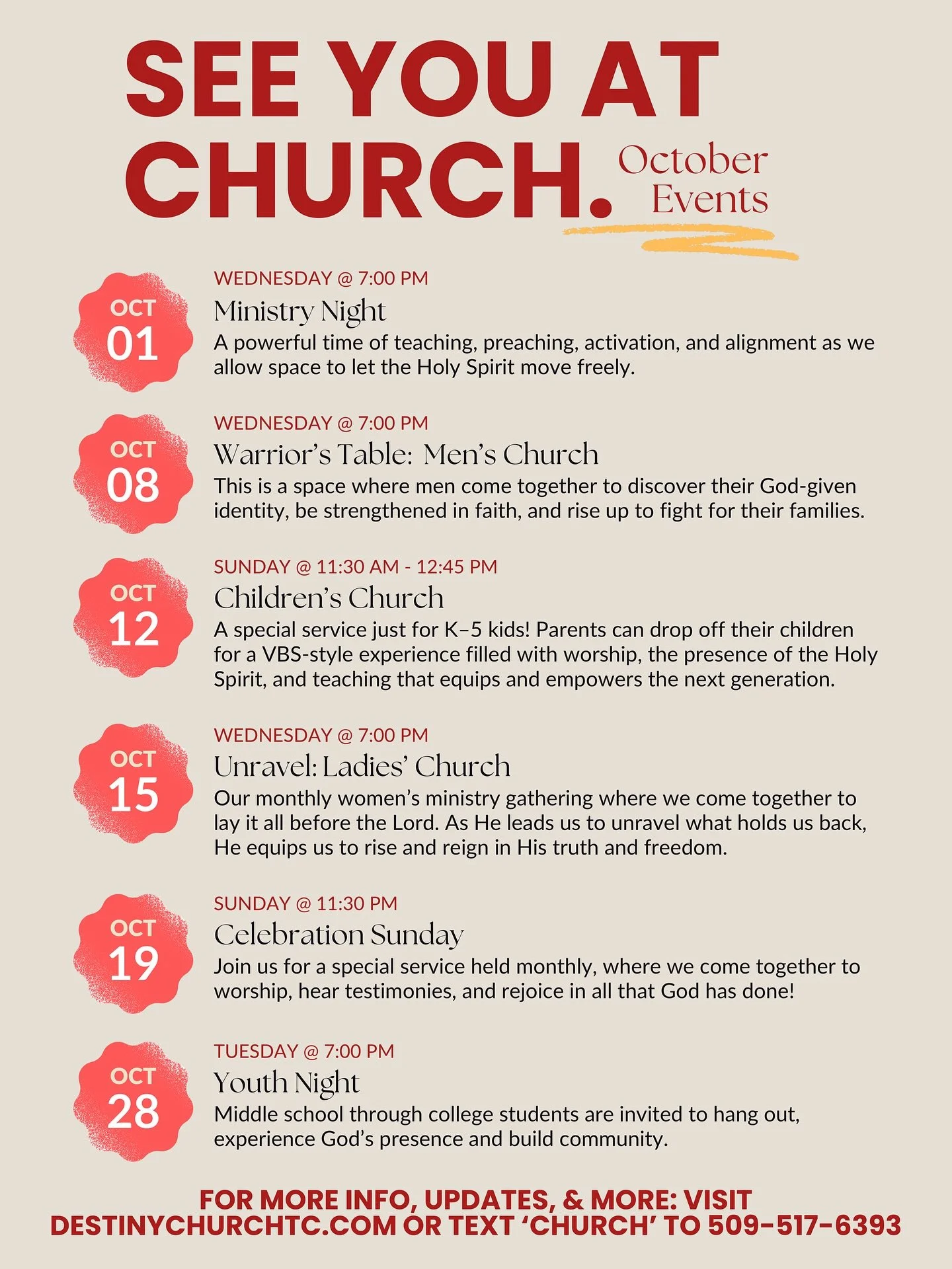 CHURCH FAM 📣 Don&rsquo;t forget, we are doing things different around here lately&mdash; Make sure to check out our October schedule for all things DCTC!

👉🏼 Up next we have Warrior&rsquo;s Table, this next Wednesday. This is where our men gather 