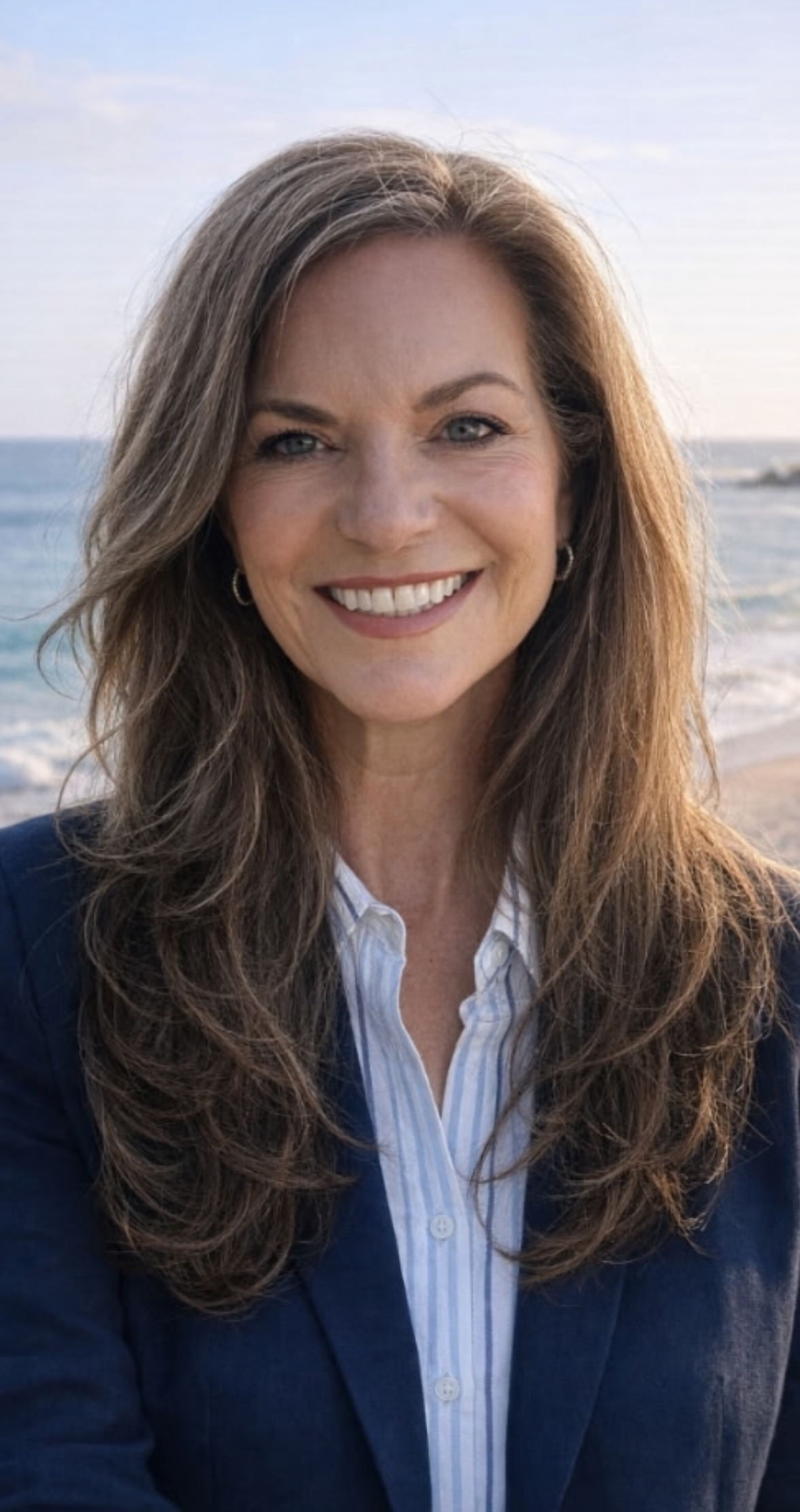 Headshot of a woman smiling, wearing turquoise jewelry and a black top, with a gray background.