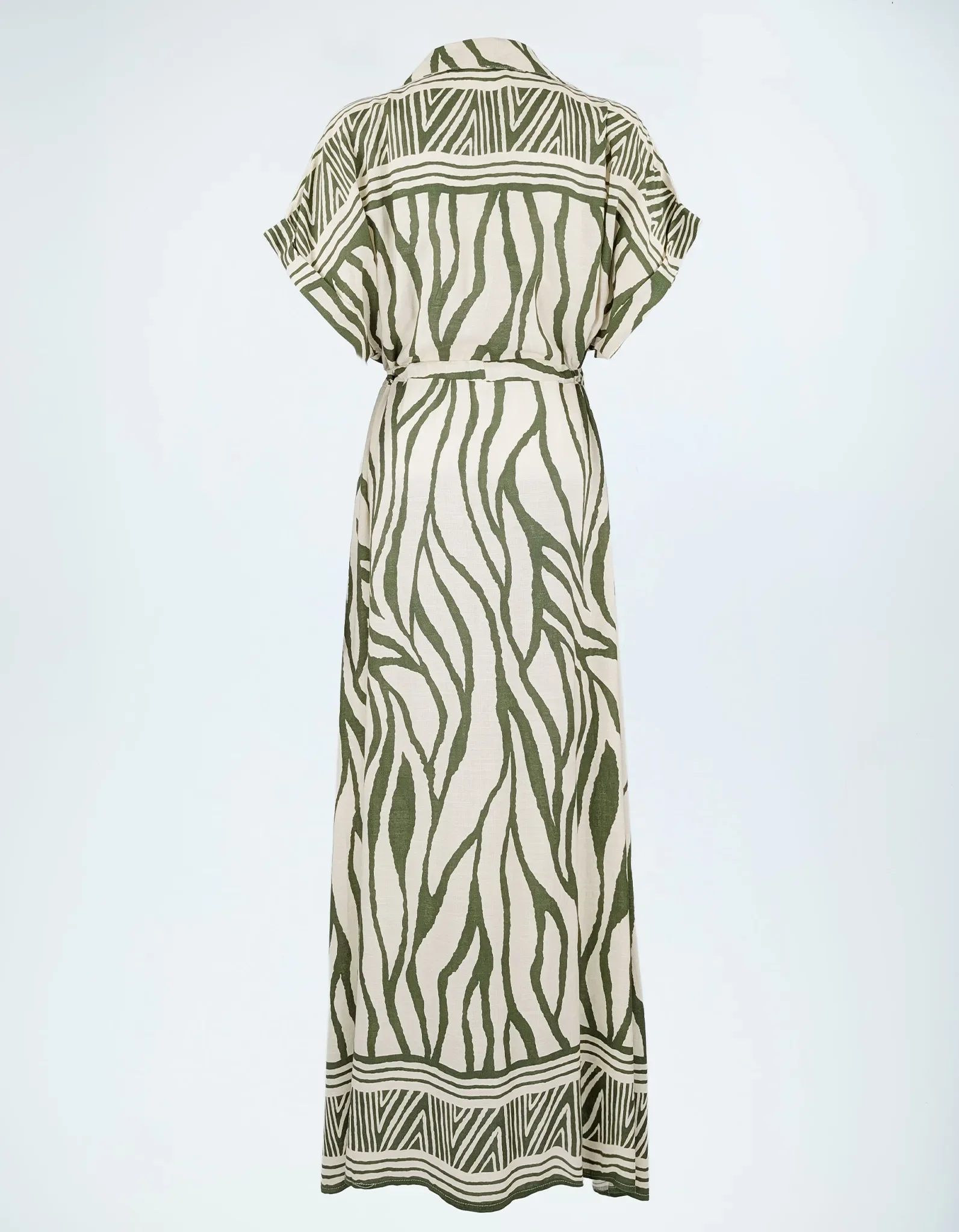 Zebraprint Maxikleid Khaki Rückansicht.