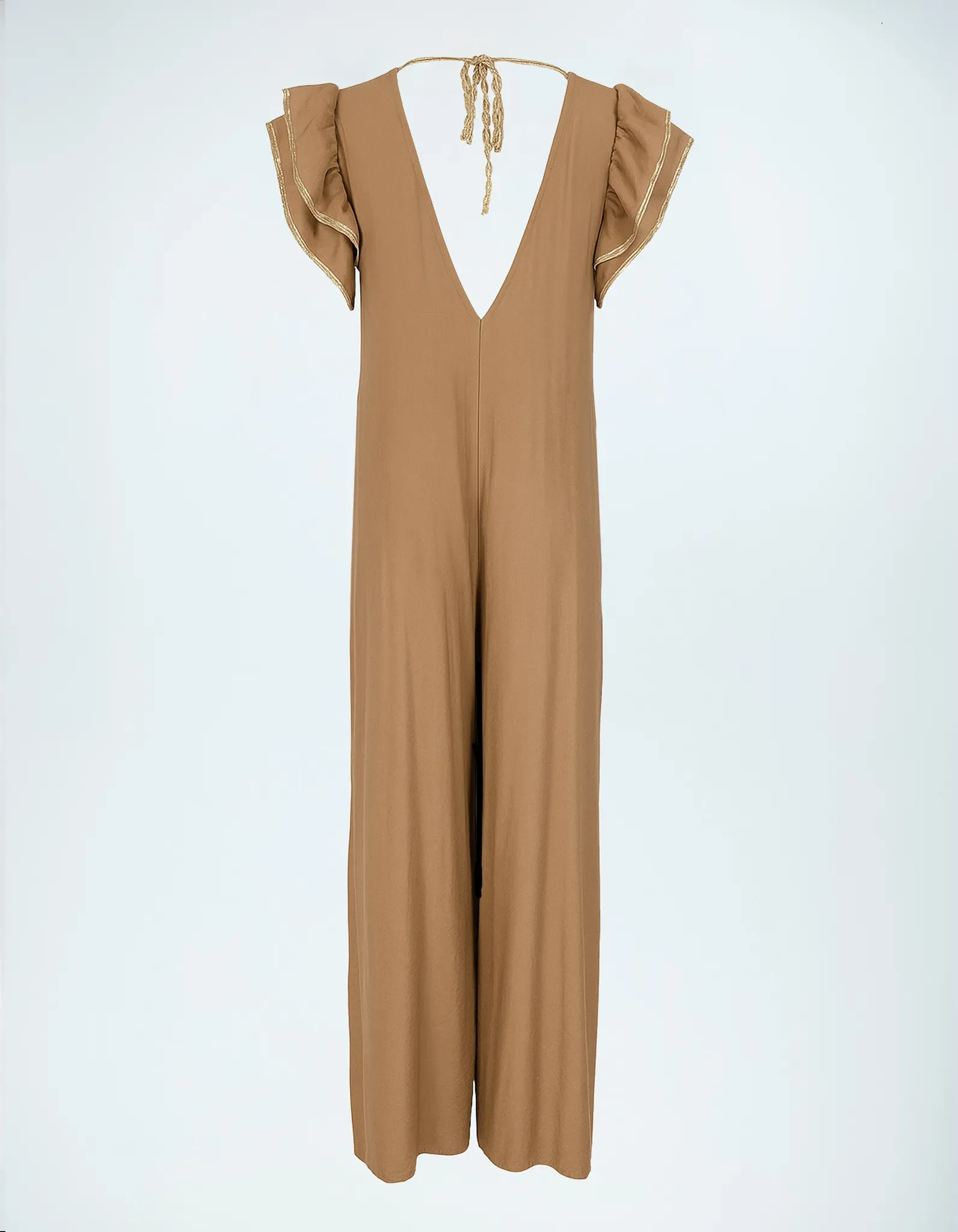Beiger Jumpsuit Lio Rückenausschnitt.